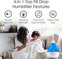 CRANE Drop 4-in-1 Ultrasonic Cool Mist Top-Fill Humidifier with Sound Machine, Night Light & Aroma Tray