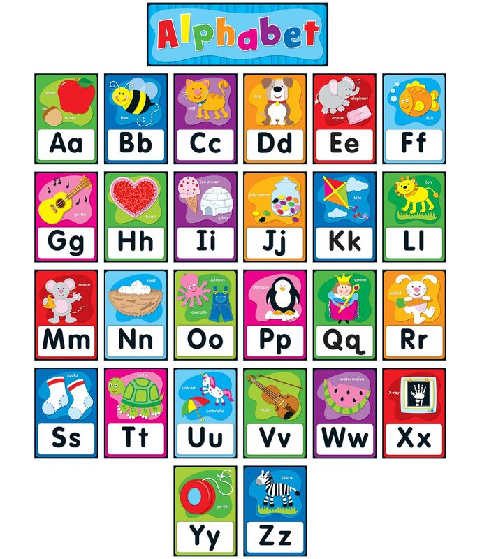 Carson Dellosa 27 pc Set of Quick Stick™ Self-Adhesive abc Bulletin Board Decorations, Alphabet Toddler Learning Posters, Letters With Sight Word Images for Sound Recognition, Classroom and Wall Decor