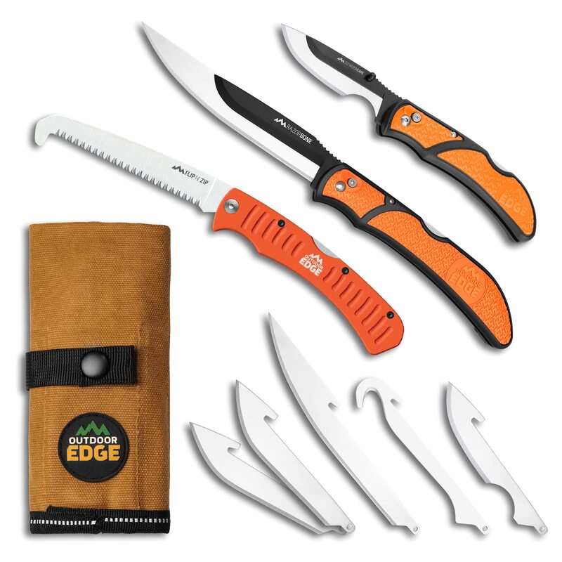 OUTDOOR EDGE RazorGuide Pak Hunting Knife Set. Features Two Replaceable Blade Hunting Knives, Bone Saw, all Stored Securely in a Compact Waxed Canvas Roll Pack