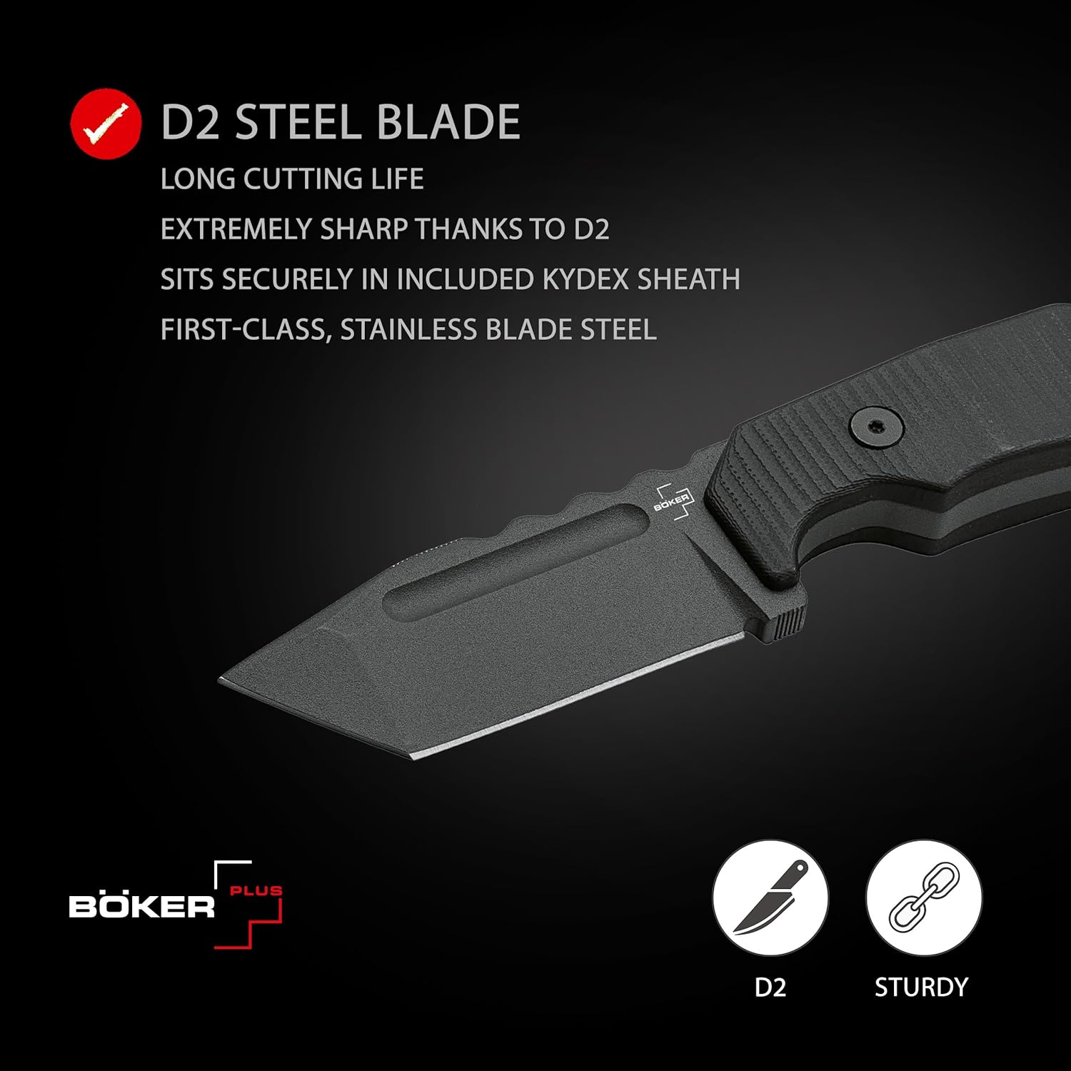 BÖKER PLUS Little Dvalin Fixed Blade EDC Knife - D2 Tanto - G10 - Kydex Sheath
