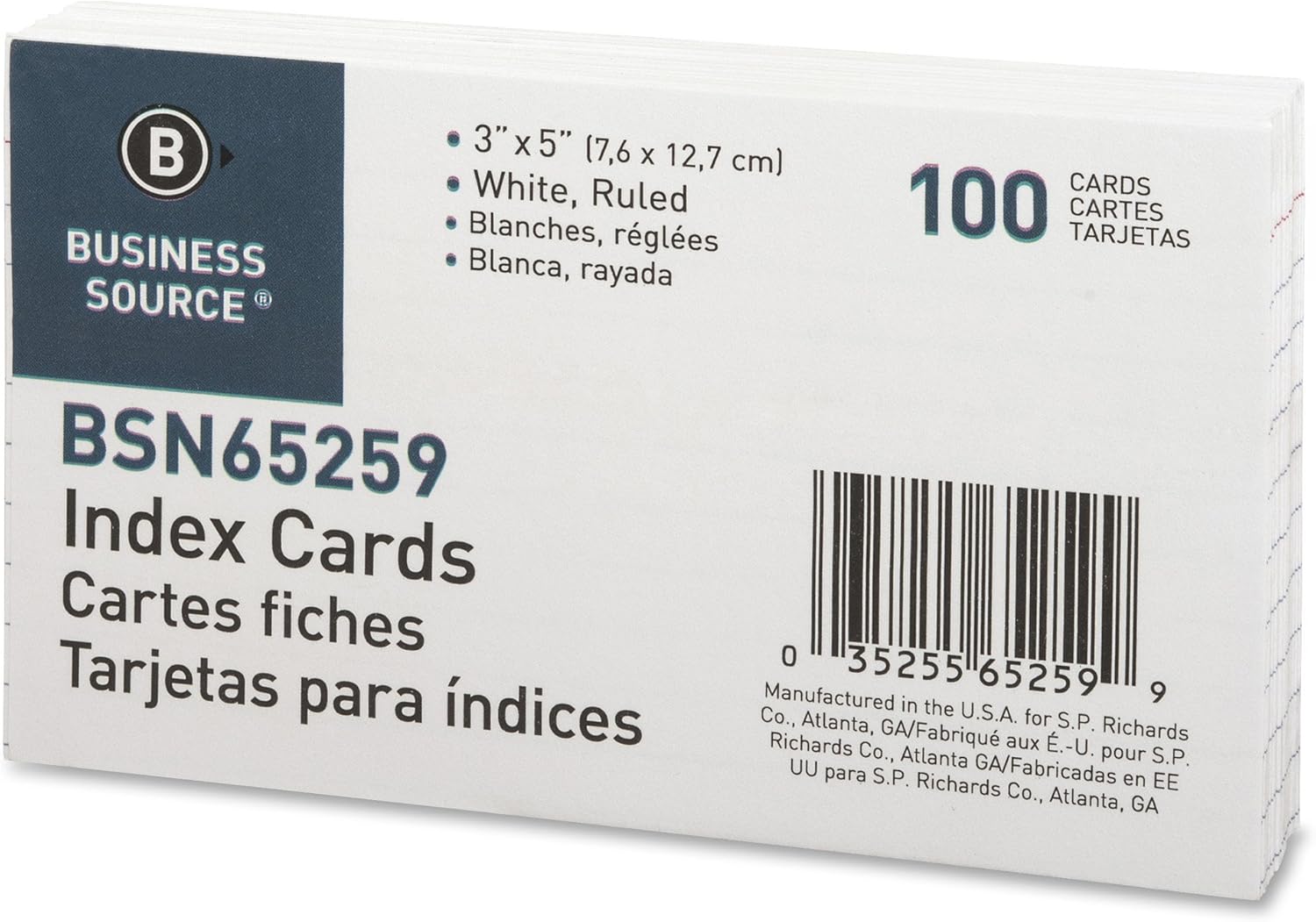 BUSINESS SOURCE Ruled Index Cards, 72 lb, 100/Pack, White