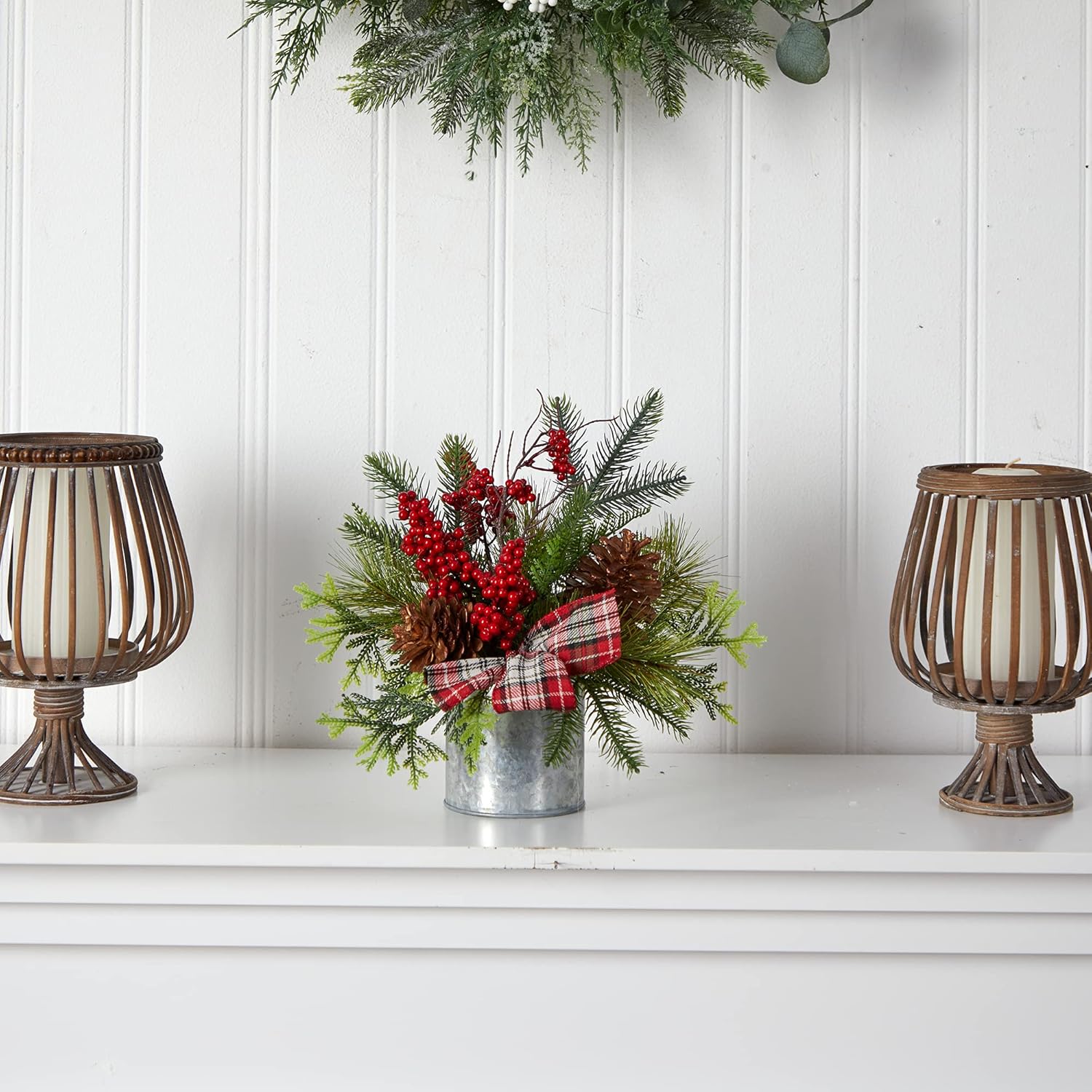 Nearly Natural 12in. Holiday Winter Pinecones, Berries, Greenery and Plaid Bow Artificial Christmas Table Arrangement 10 In