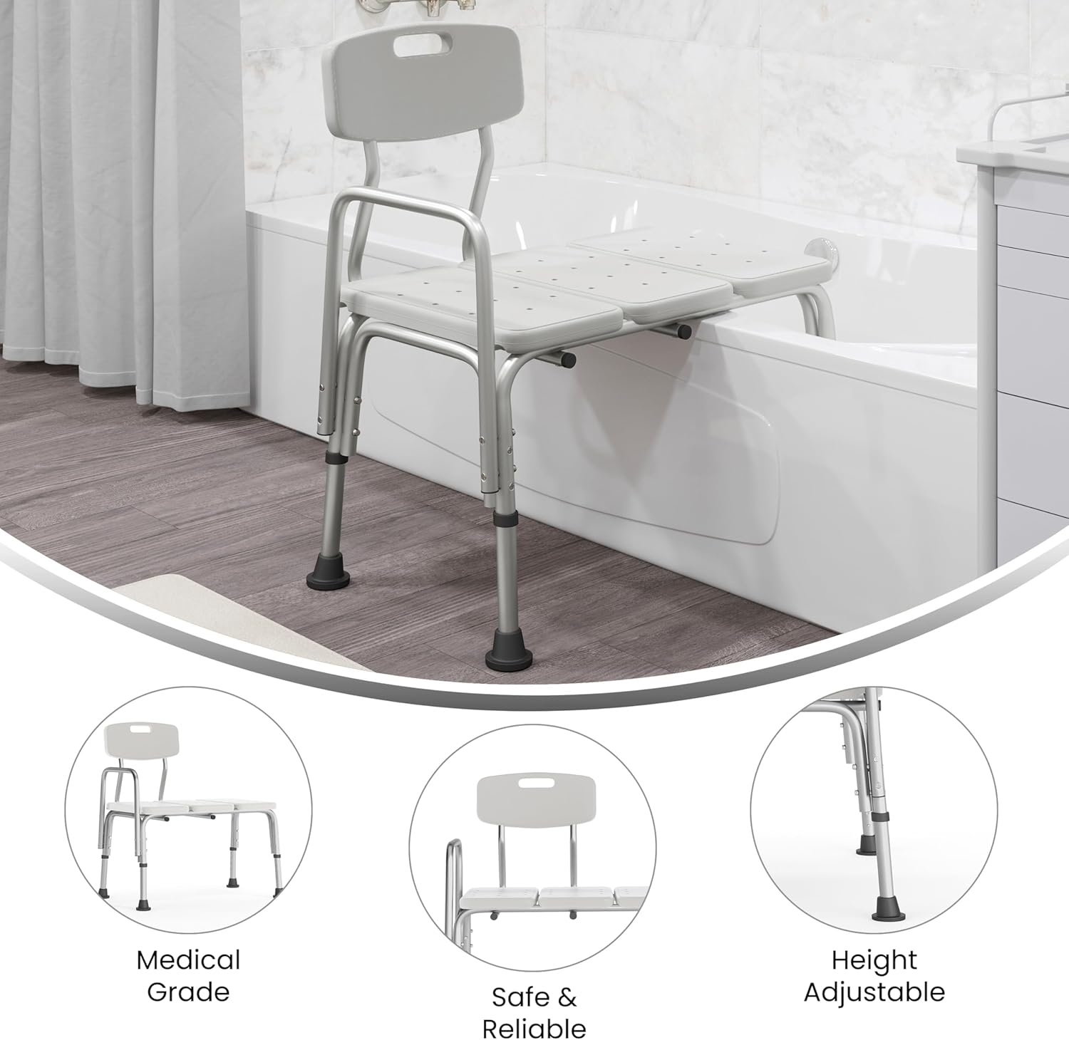 Flash Furniture HERCULES Series 300 Lb. Capacity Adjustable Bath & Shower Transfer Bench with Back and Side Arm