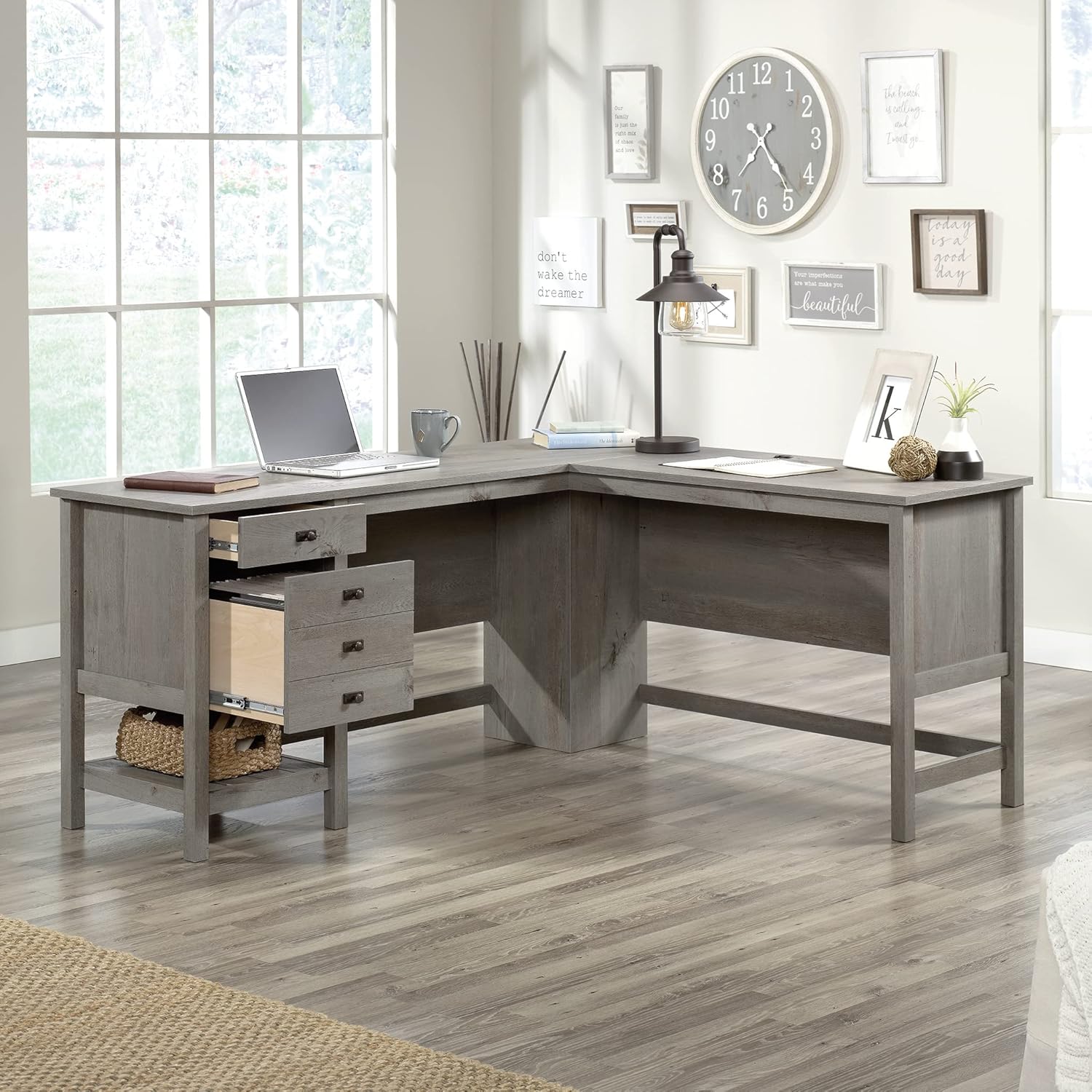 Sauder Cottage Road L Shaped Desk Computer Desk with Drawers and Cable Management