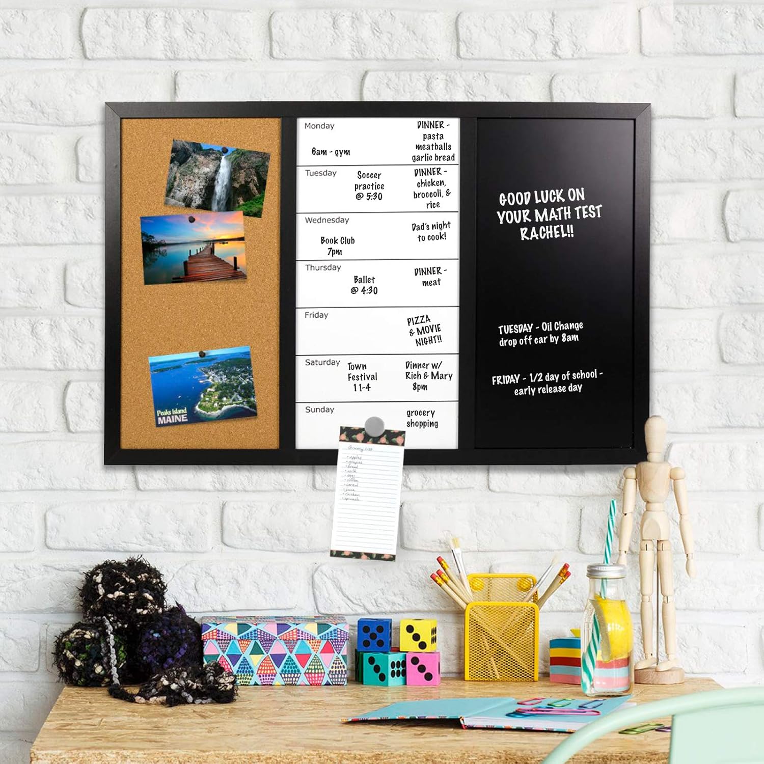 Excello Global Products Wall Board Combo Whiteboard Corkboard & Chalkboard: Magnetic Large Weekly Daily Planner Note Reminder Wall Mounted Task Organizer 23.5"x15"