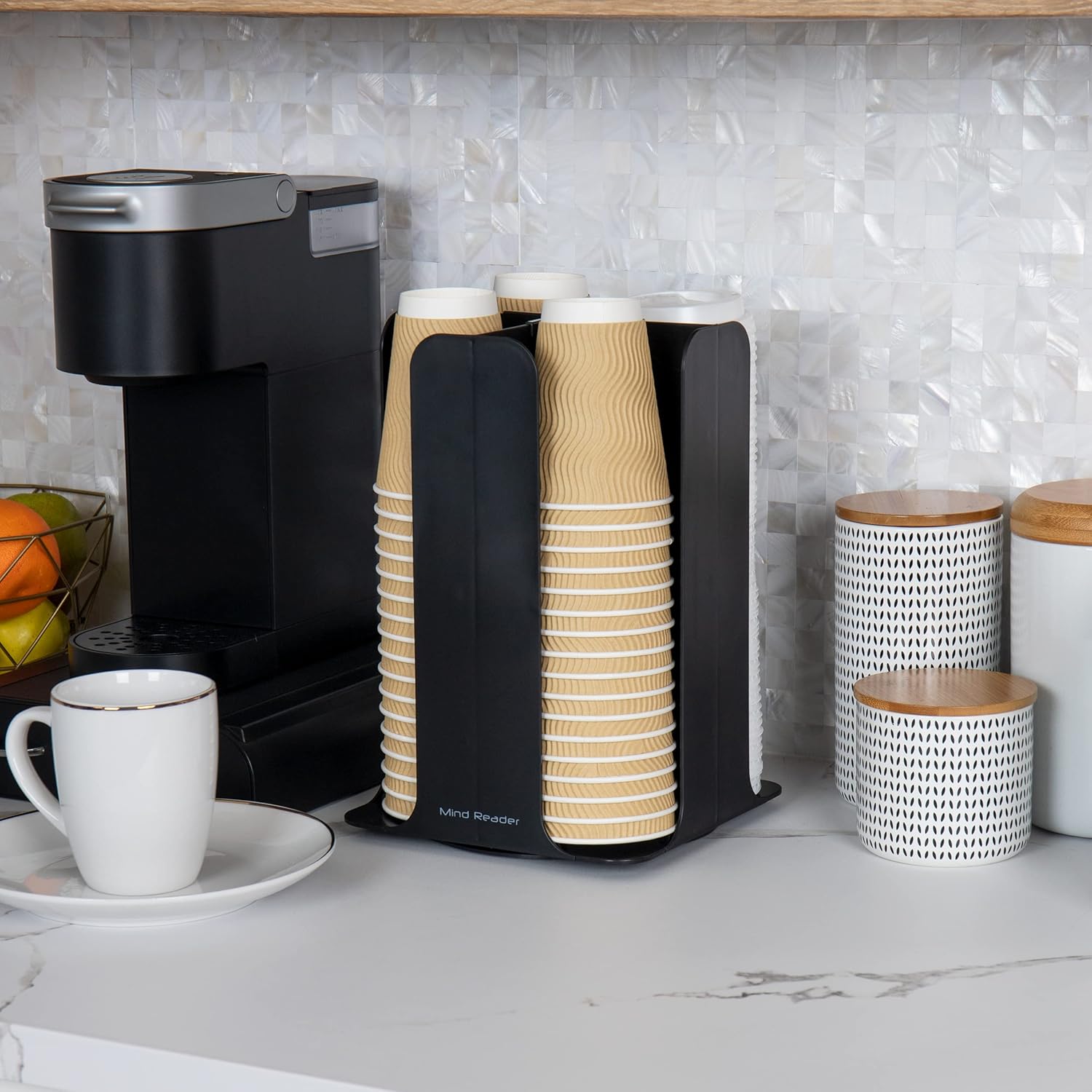 Mind Reader 4-Compartment Coffee Cup and Lid Carousel, Countertop Organizer, 7-3/4in L x 7-3/4in W x 11-1/2in H, Black