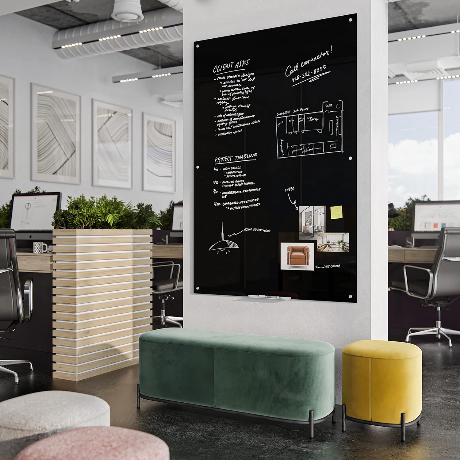 U Brands Non-Magnetic Glass Dry-Erase Board, 72in X 48in, Black Surface, Frameless, Actual Size 70in X 47in (173U00-01)