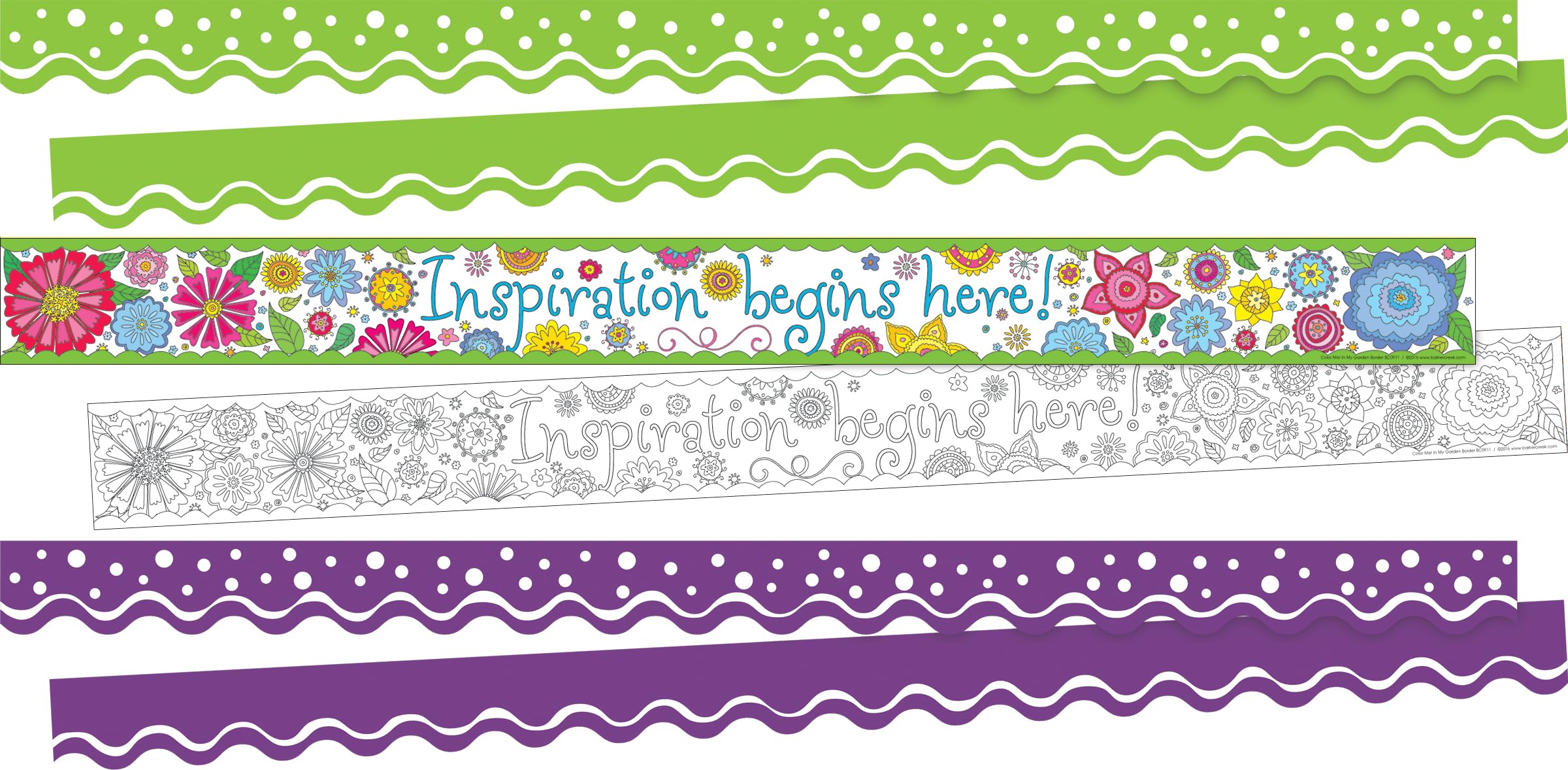 Barker Creek Double-Sided Border, Scalloped & Straight Edge, Motivational, Trim out Bulletin Boards and Create Colorful Displays with 113' of Designer Double-Sided Border, Set of 3 (4029)