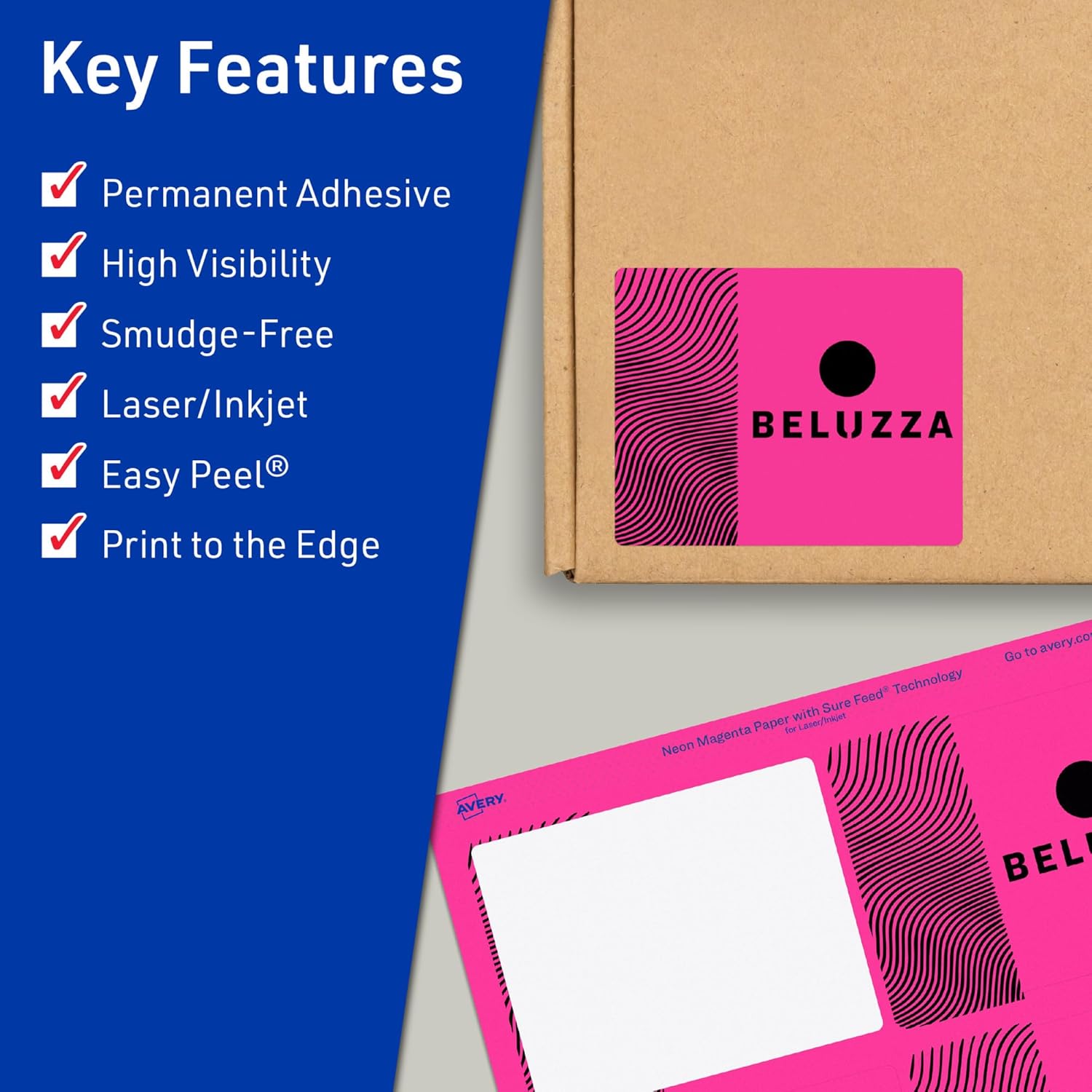 Avery Printable Rectangle Labels, Sure Feed Technology, 4-3/4" x 3-3/4", Neon Magenta, Print-to-The-Edge