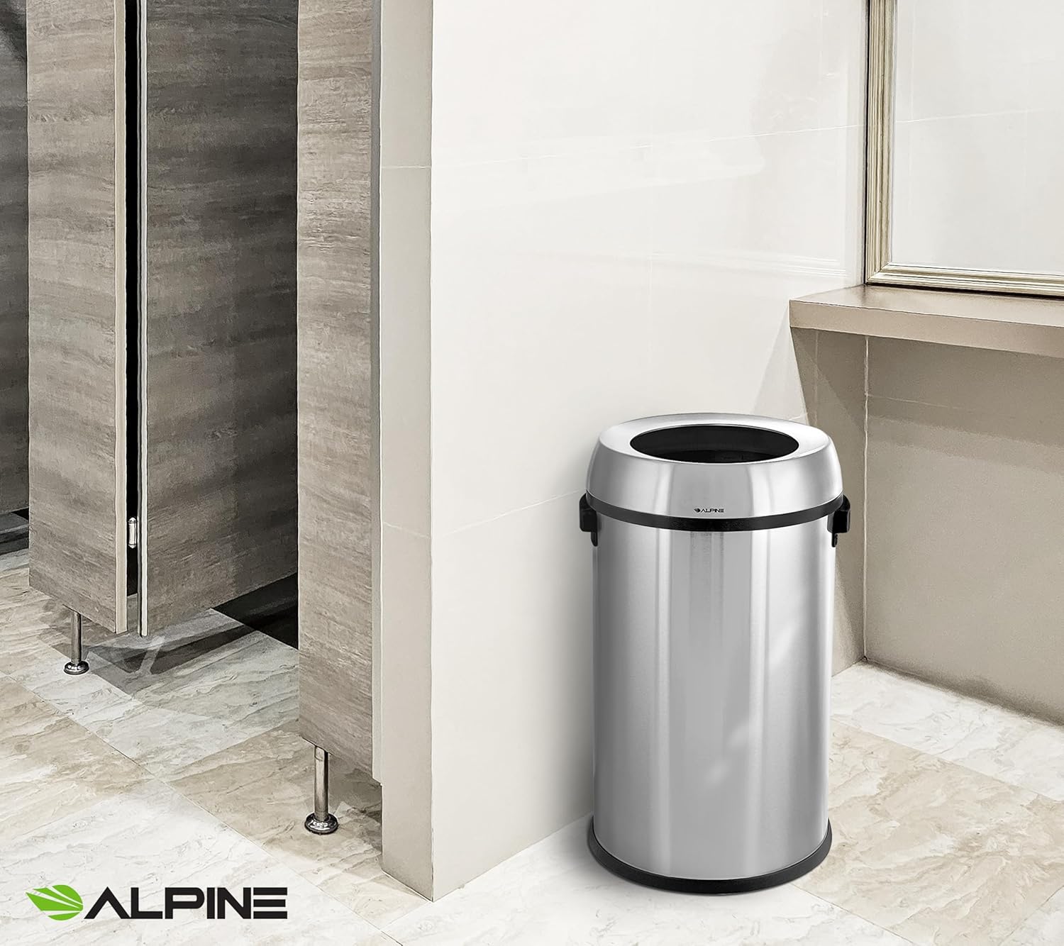 Alpine 17 Gallon Stainless Steel Open Top Trash Can – Commercial-Grade, Corrosion-Resistant, Brushed Finish