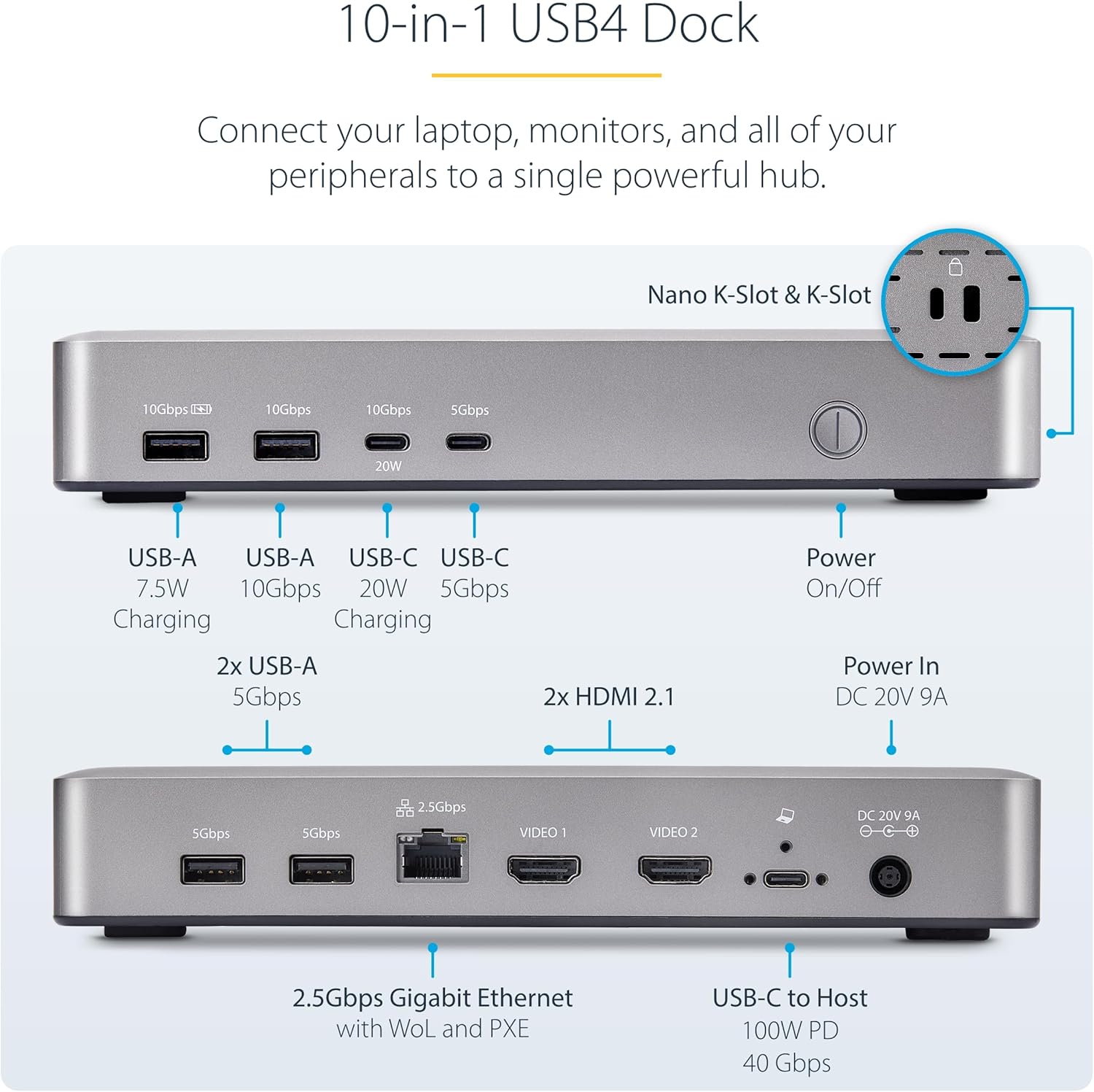 StarTech.com USB-C Docking Station (10-in-1, USB4), Up to 100W Charging for Laptop, 40Gbps Data Transfer, 2.5Gb Ethernet