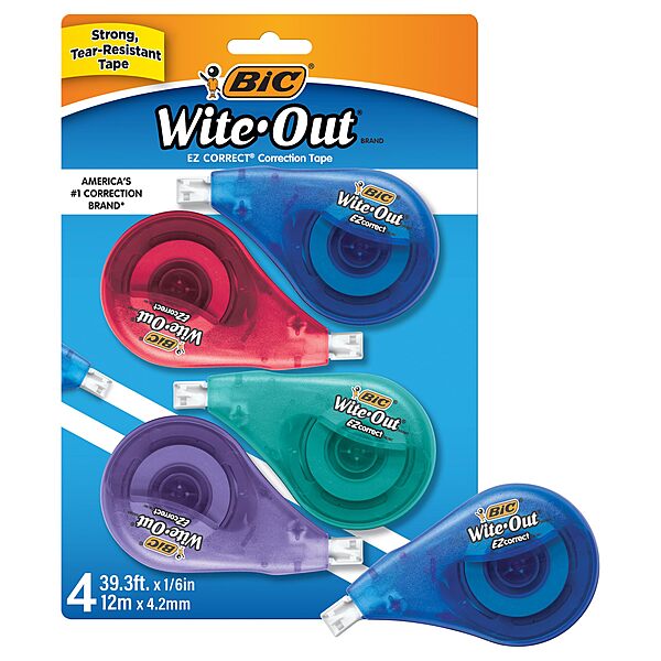 BIC Wite-Out Brand EZ Correct Correction Tape, 19.8 Feet, 4-Count Pack of White Correction Tape, Fast, Clean and Easy to Use Tear-Resistant Tape Office or School Supplies