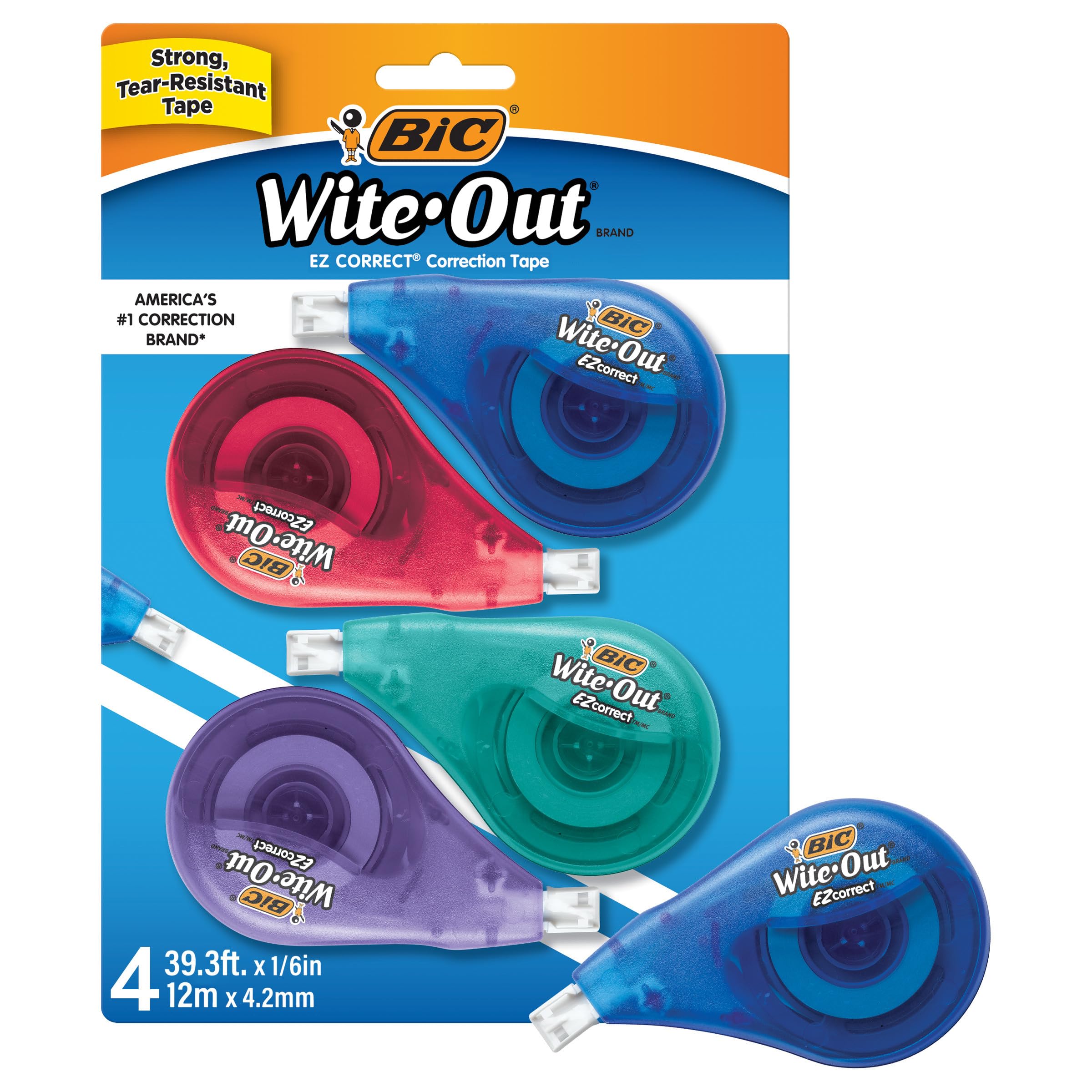 BIC Wite-Out Brand EZ Correct Correction Tape, 19.8 Feet, 4-Count Pack of White Correction Tape, Fast