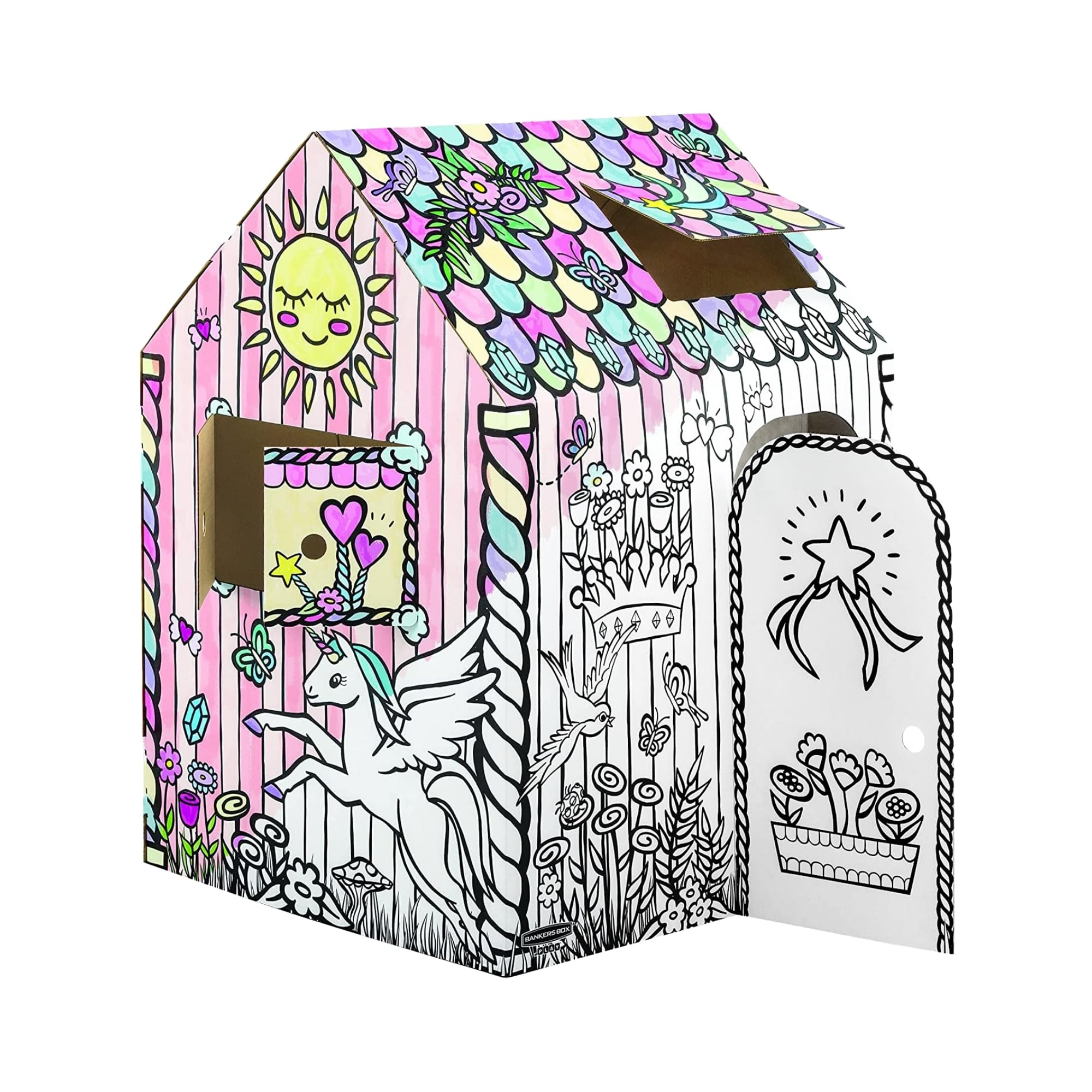 Bankers Box at Play Color in Unicorn Playhouse, Cardboard Playhouse and Life Size Craft Activity for Kids and Families