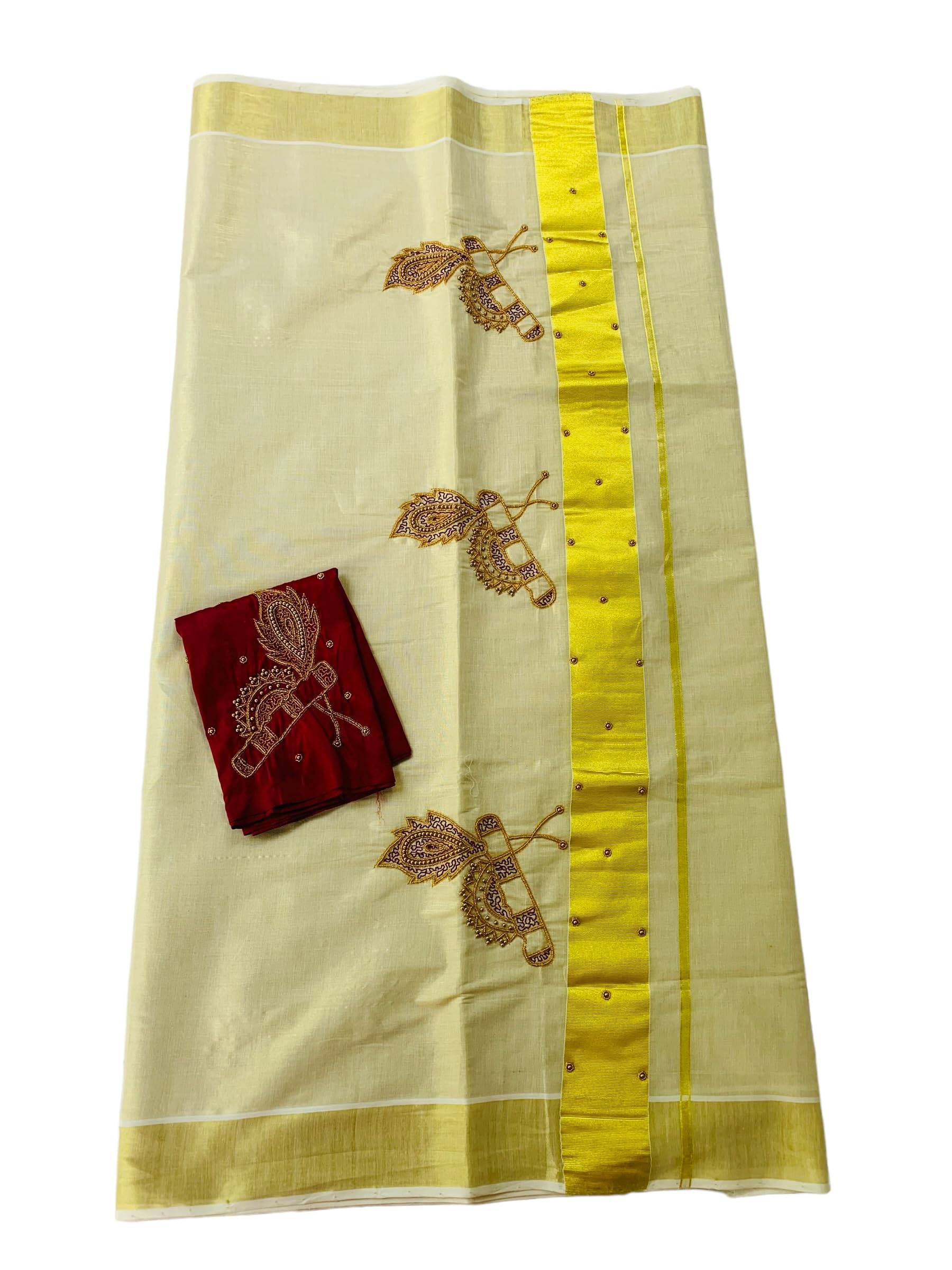 Kuthampully Kerala Kasavu Sarees For Women | Handcrafted Aari work Kerala Sarees | Tissue Onam Saree With Running Blouse | South Indian Sarees | Onam Saree EKM-784 (Maroon)