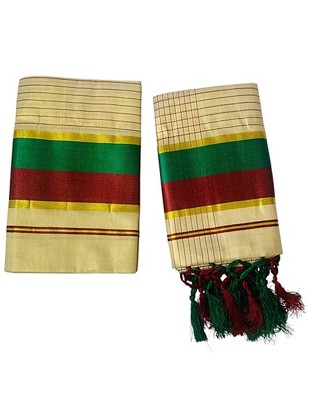 Women's Kuthampully Kerala Kasavu Set mundu Tissue with Kunjam | Kerala Tissue set mundu latest collections | Kuthampully Stripe Kasavu set mundu - Multi Color KTM-902 (Maroon)