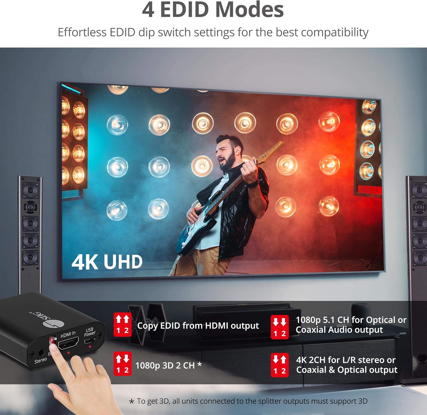 SIIG 4K HDMI Audio Extractor, 4K30Hz, HDCP 1.4, Audio Extract to Optical Toslink/Coaxial/ 3.5mm Simultaneously