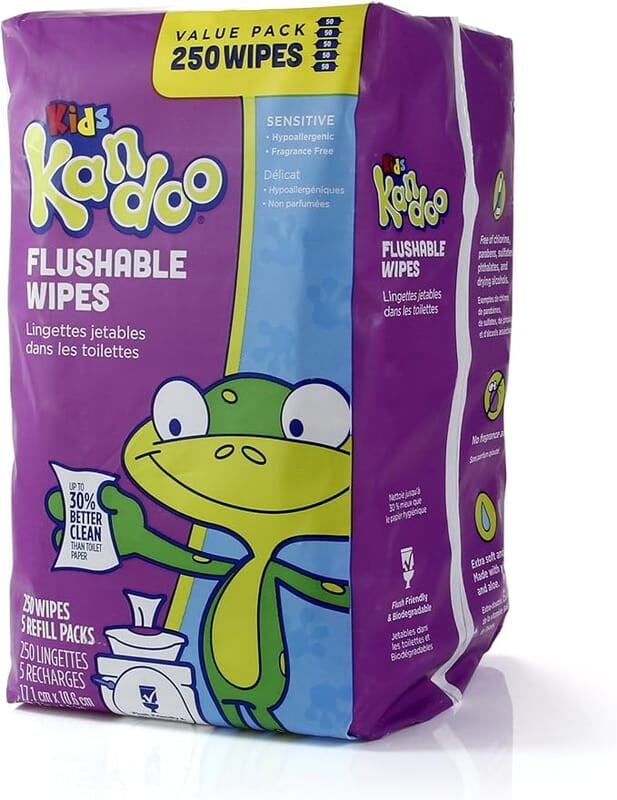 Kandoo flushable Wipes for Baby & Kids, Sensitive Skin, Hypoallergenic Wet Cleansing Cloths, 250 Ct