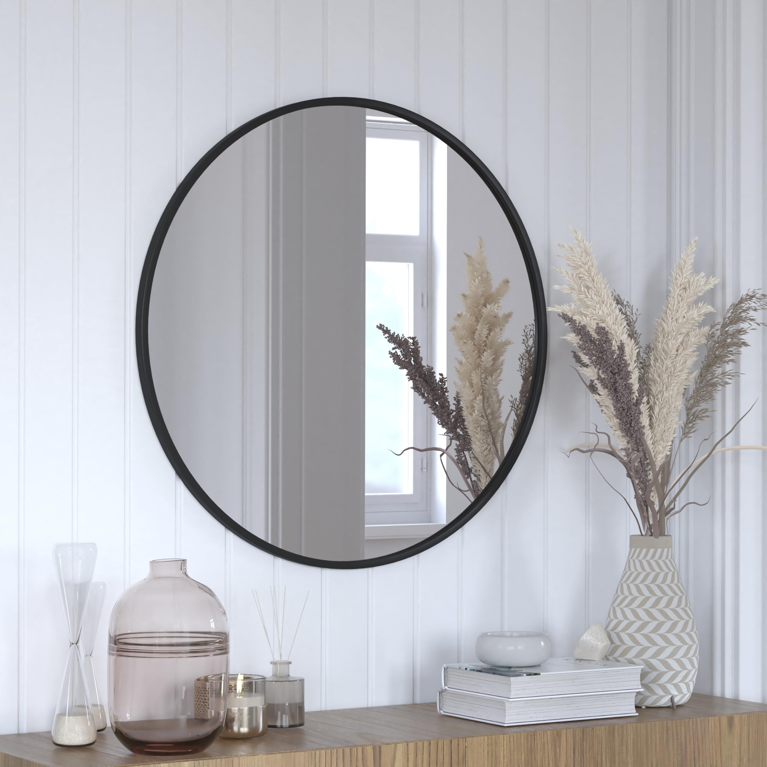 Flash Furniture Julianne Large Round Wall Mirror - Black Circle Accent Mirror