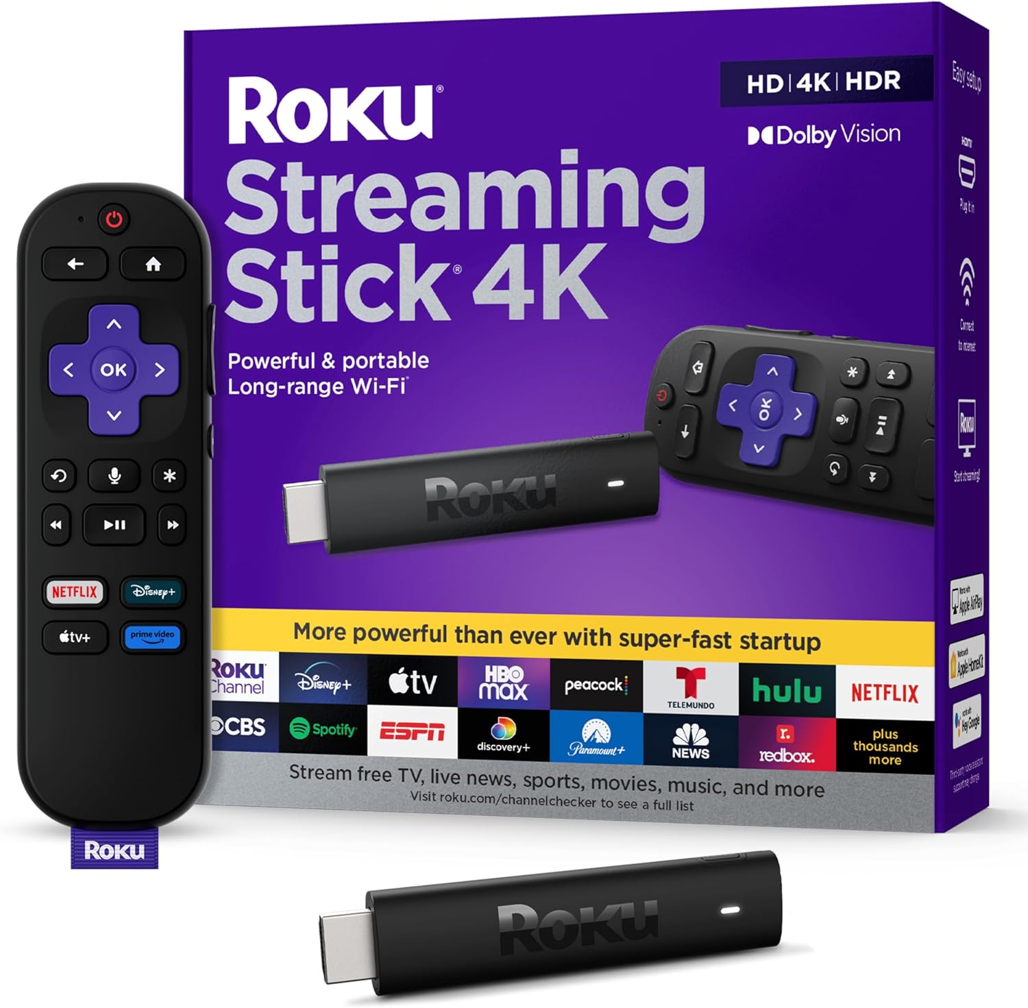 Roku Streaming Stick 4K - HDR & Dolby Vision Roku Streaming Device for TV with Voice Remote & Long-Range Wi-Fi