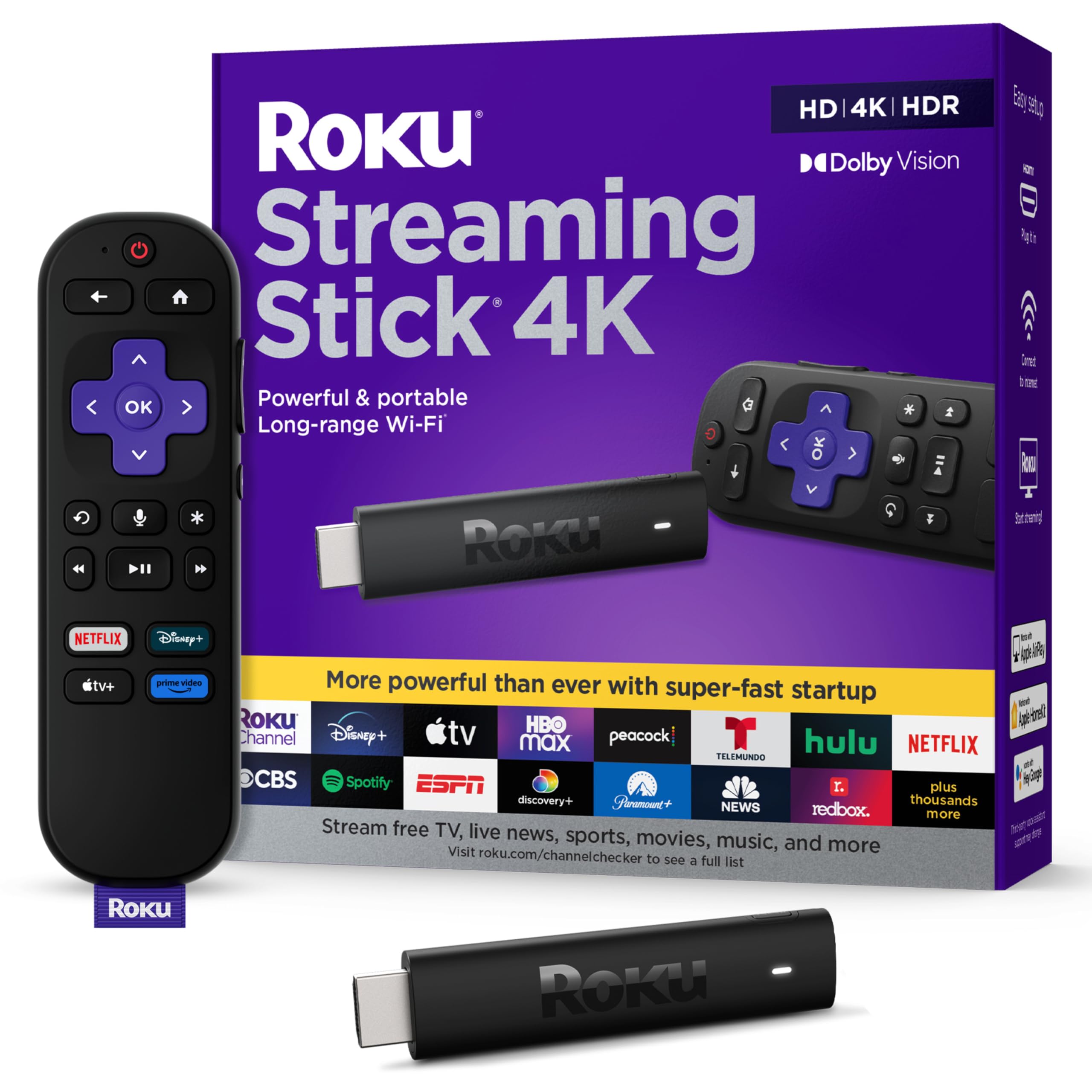Roku Streaming Stick 4K - HDR & Dolby Vision Roku Streaming Device for TV with Voice Remote & Long-Range Wi-Fi