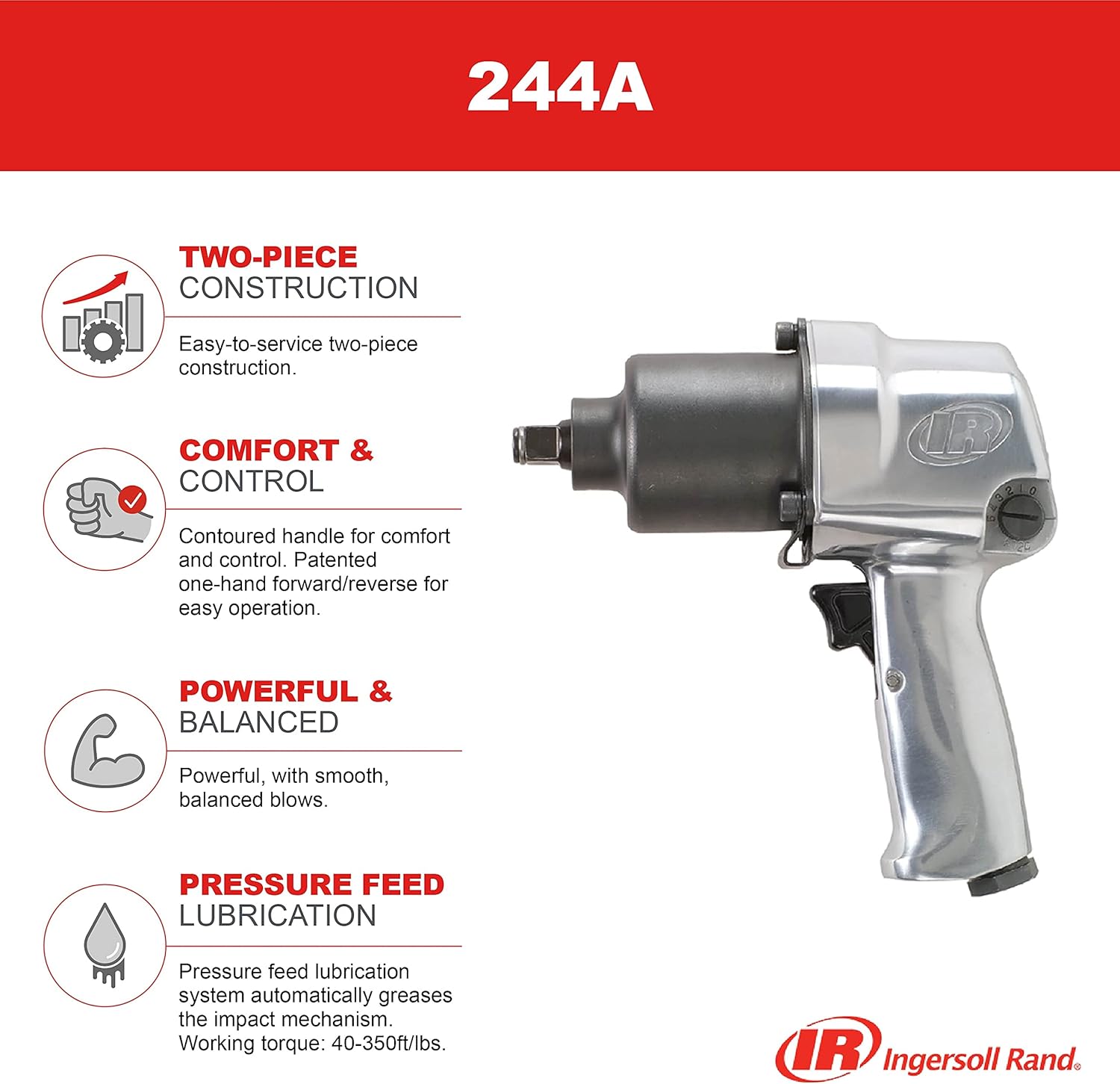 Ingersoll Rand 244A 1/2" Air Impact Wrench, 500 ft-lbs Max Torque, Super Duty, Pistol Grip Standard Anvil