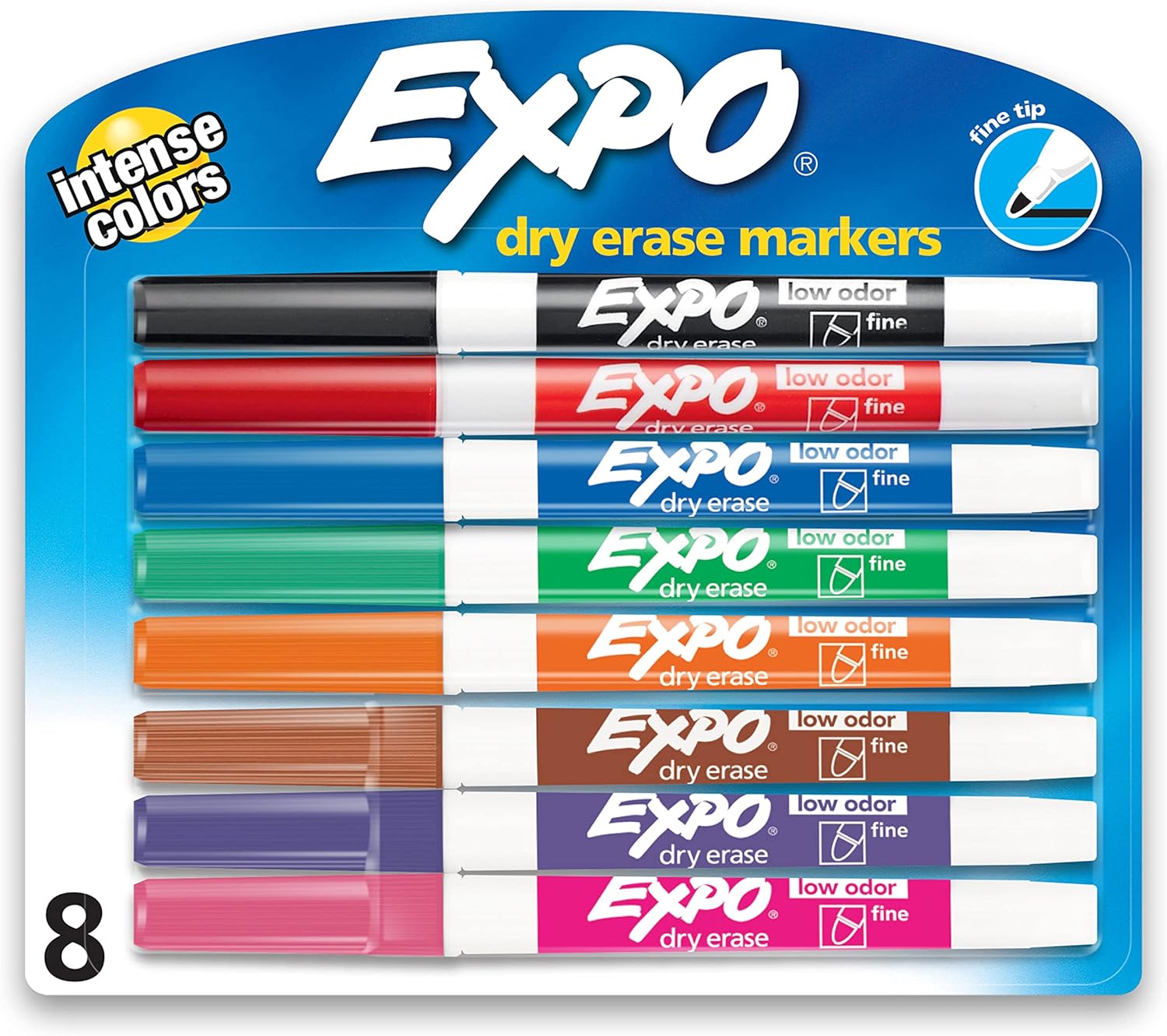 EXPO Low-Odor Dry-Erase Markers, Fine Point, Assorted Colors, Pack Of 8