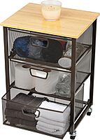 Mind Reader Cart with Drawers, Office Organizer, Storage, Bathroom, Metal Mesh, 15.75"L x 13"W x 24.25"H, Black 3-Drawers with Wood Top