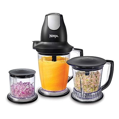 Ninja QB1004 Blender/Food Processor with 450-Watt Base, 48oz Pitcher, 16oz Chopper Bowl, and 40oz Processor Bowl for Shakes, Smoothies, and Meal Prep,Black Black 48 Ounces