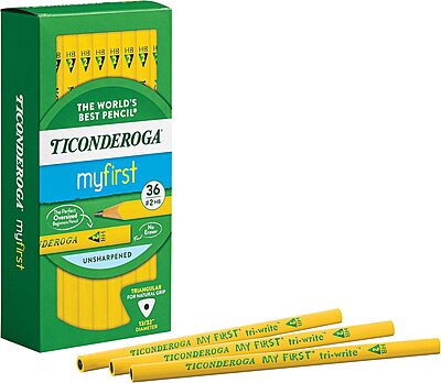 Ticonderoga My First Tri-Write Wood-Cased Pencils, Unsharpened, 2 HB Soft, Without Erasers, Yellow, 36 Count