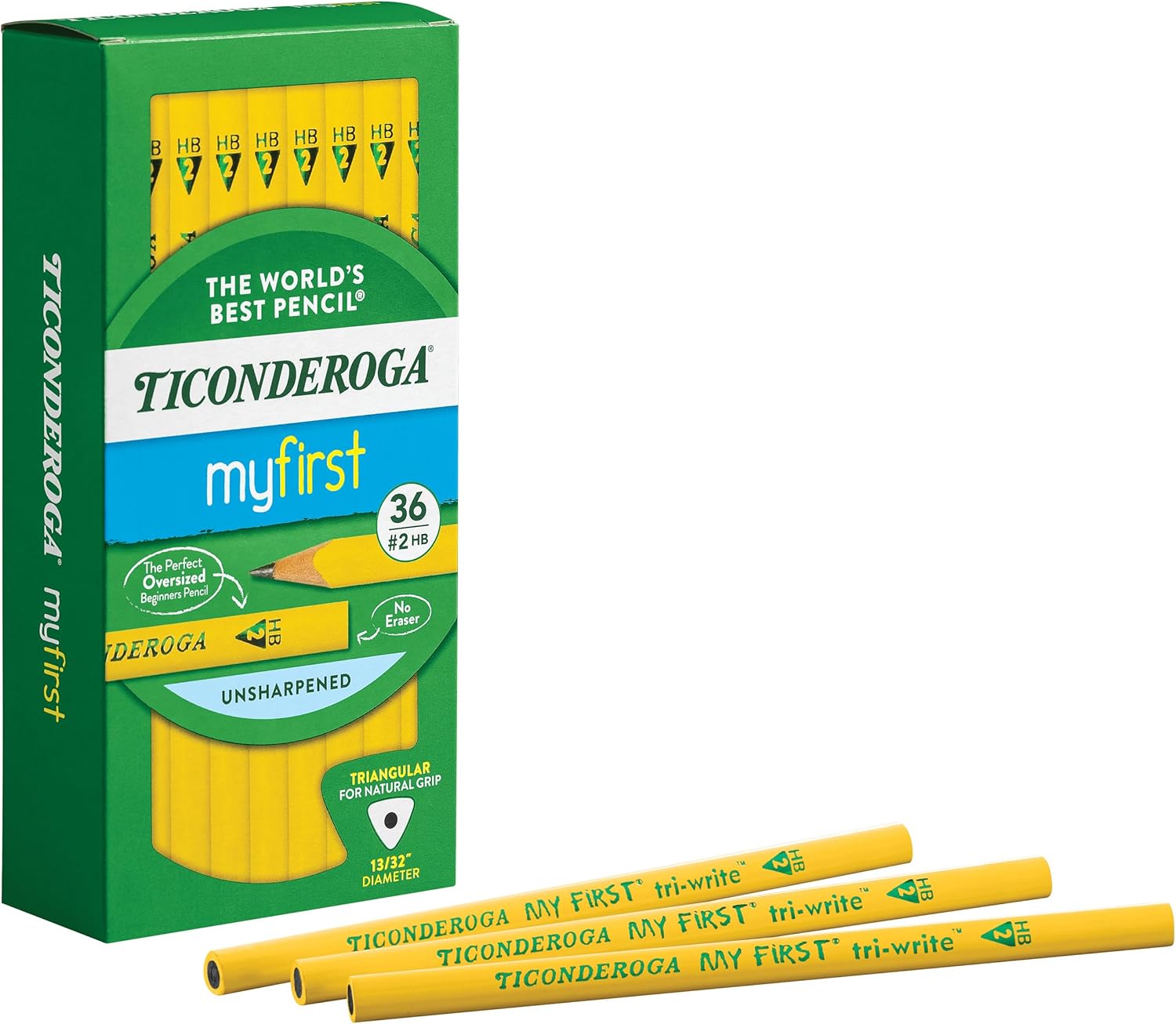 Ticonderoga My First Tri-Write Wood-Cased Pencils, Unsharpened, 2 HB Soft, Without Erasers, Yellow, 36 Count