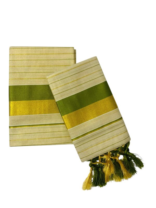 Women's Kuthampully Kerala Kasavu Set mundu Tissue with Kunjam | Kerala Tissue set mundu latest collections | Kuthampully set mundu - Multi color KTM-902 (LightGreen-Gold)