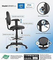 Boss Office Products B1691-CS Stand Up Caressoft Drafting Stool with Adjustable Arms in Black Black Vinyl Adjustable Arms