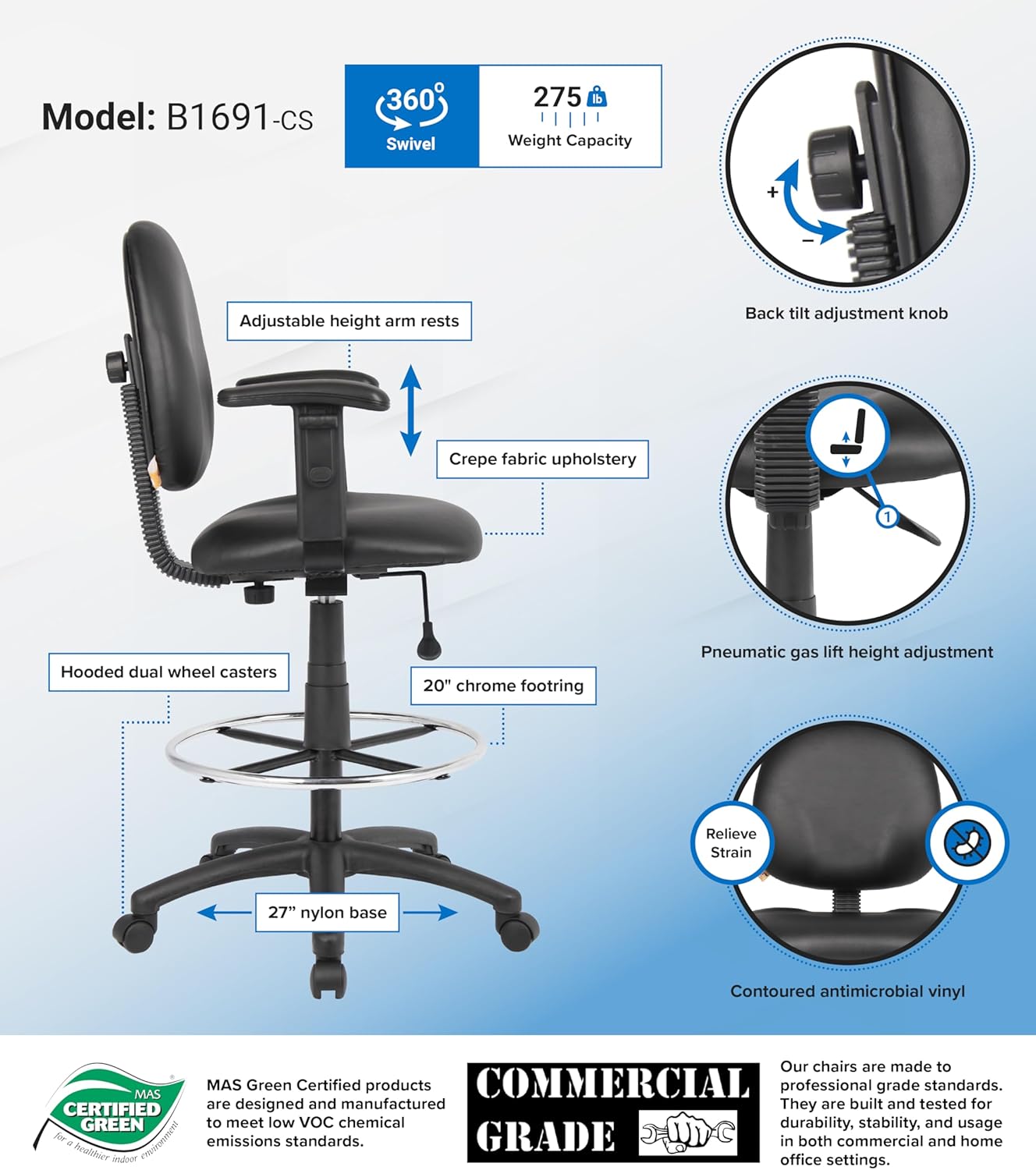 Boss Office Products B1691-CS Stand Up Caressoft Drafting Stool with Adjustable Arms in Black Black Vinyl Adjustable Arms