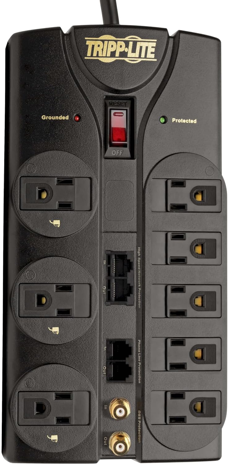 Tripp Lite 8 Outlet Surge Protector Power Strip, 10ft Cord, Right-Angle Plug, Tel/Modem/Coax/Ethernet Protection, RJ11, RJ45