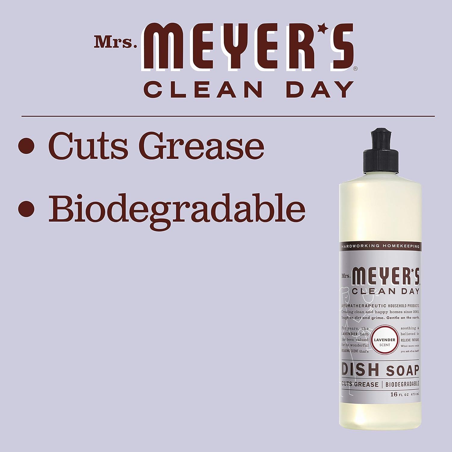 MRS. MEYER'S CLEAN DAY Liquid Dish Soap, Biodegradable Formula, Lavender, 16 fl. oz - Pack of 3 Lavender 48 Fl Oz (Pack of 1)