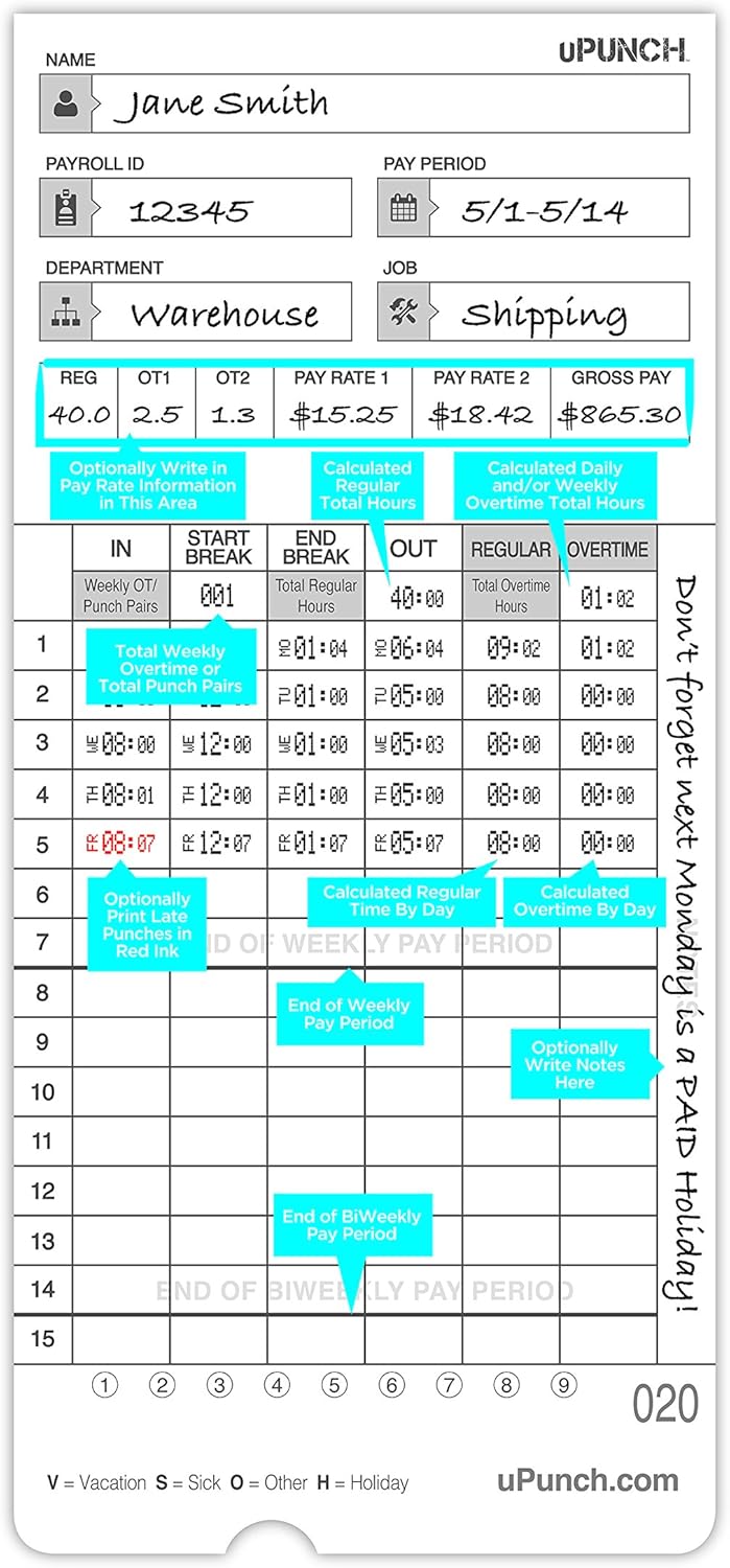 uPunch Time Cards, 2-Sided, 3.5in x 7.5in, Gray, Pack Of 50, HNTCL2050