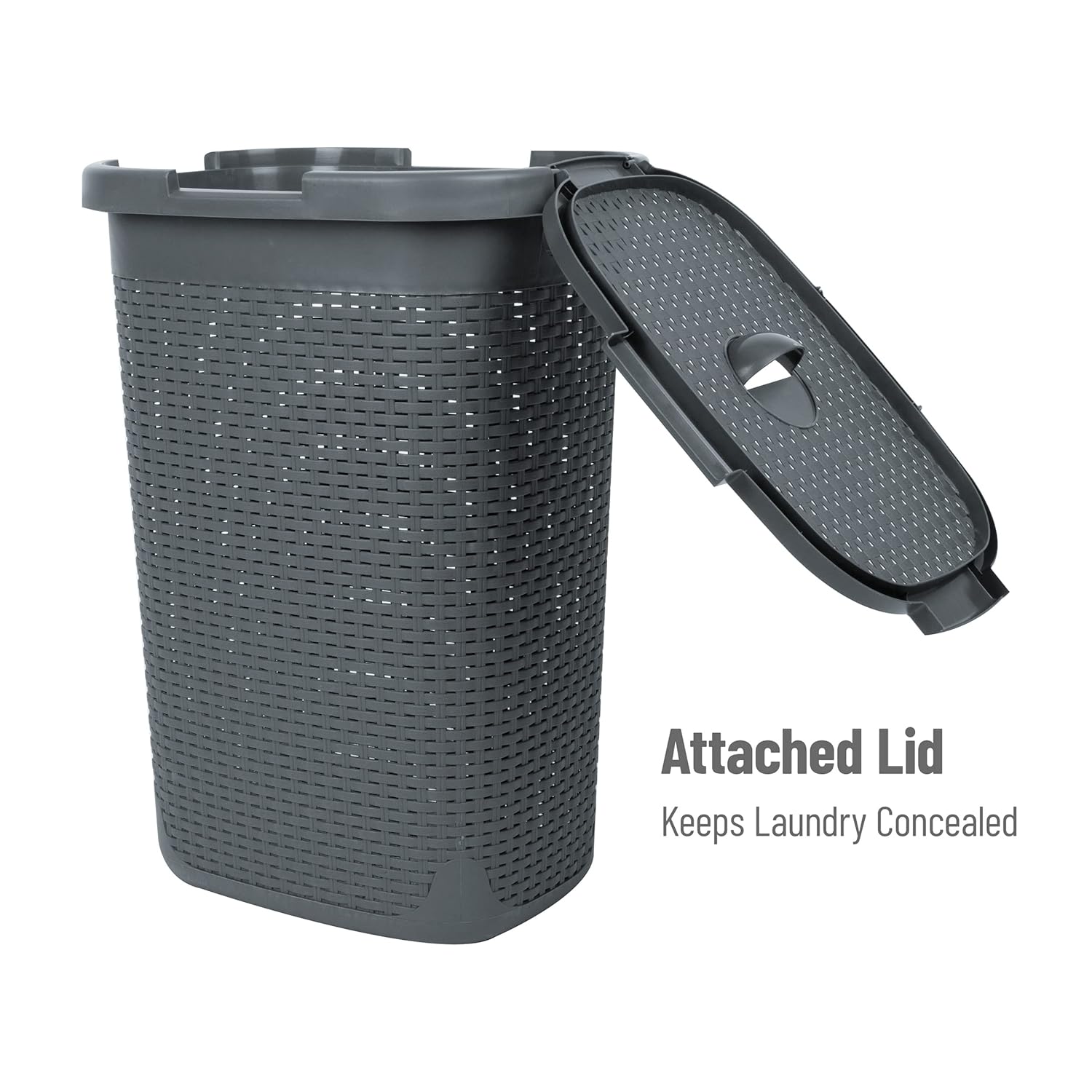 MIND READER Slim Laundry Hamper with Lid, 60L Wicker-Style Plastic