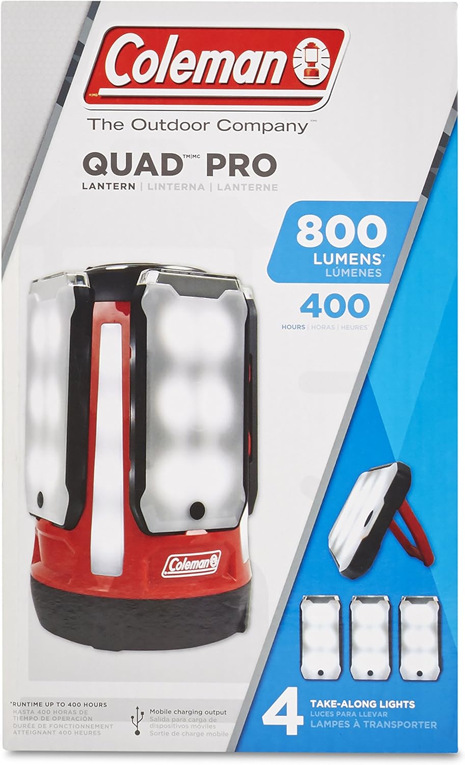 Coleman Quad Panel 800L LED Lantern, Water-Resistant Lantern with 4 Removable Magnetic Light Panels & USB Charging Port