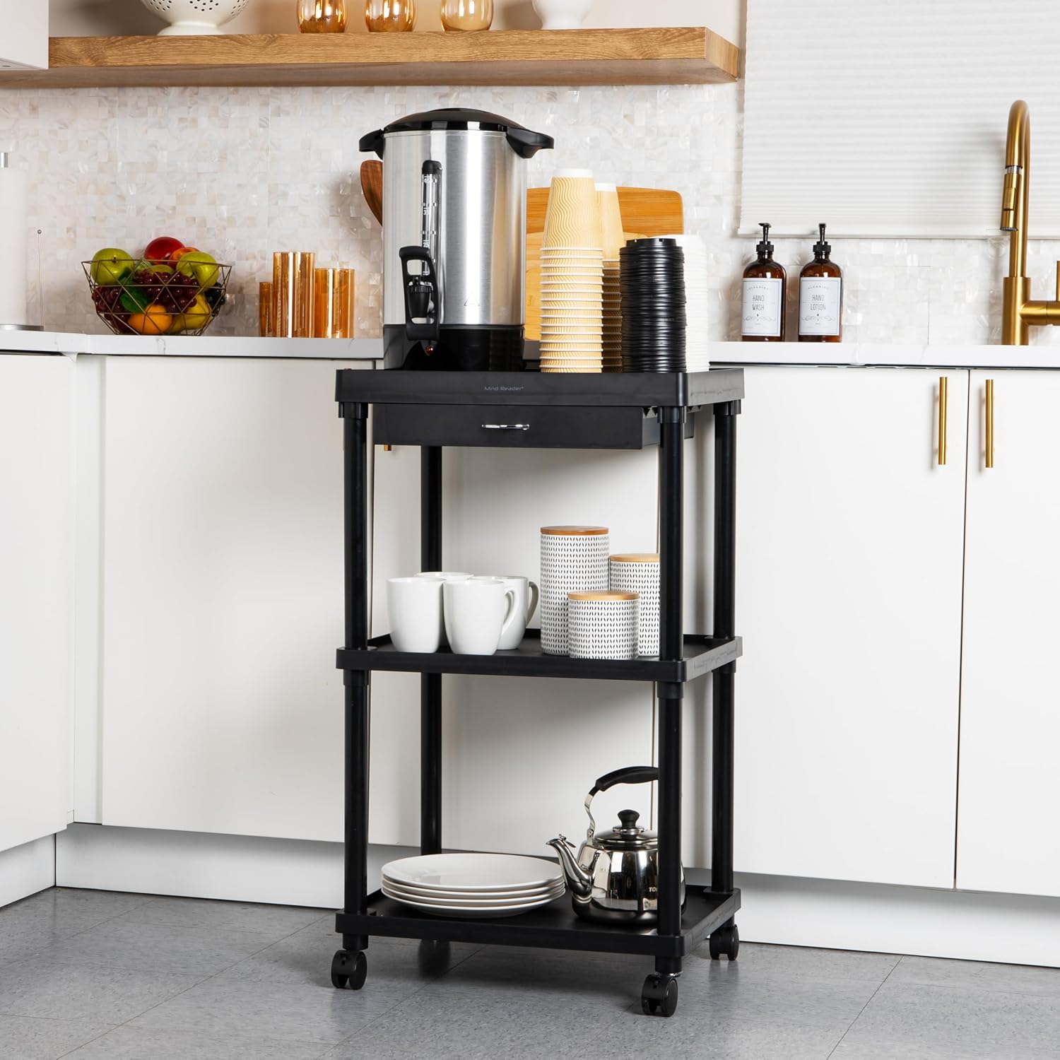 Mind Reader Bar Cart, Rolling, Utility Cart, 3-Tier, Coffee Cart, Bathroom, Kitchen, Plastic, 20"L x 15"W x 34.5"H, Black