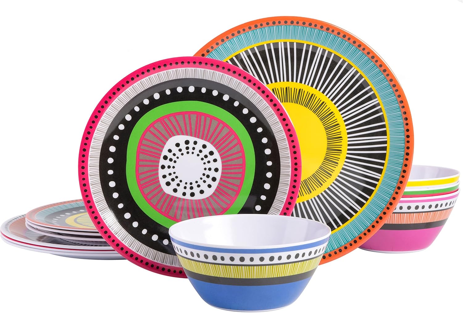 Gibson Home Almira Melamine Dinnerware, Assorted, Service for Four (12pcs) Assorted (Almira) Service for Four (12pcs)