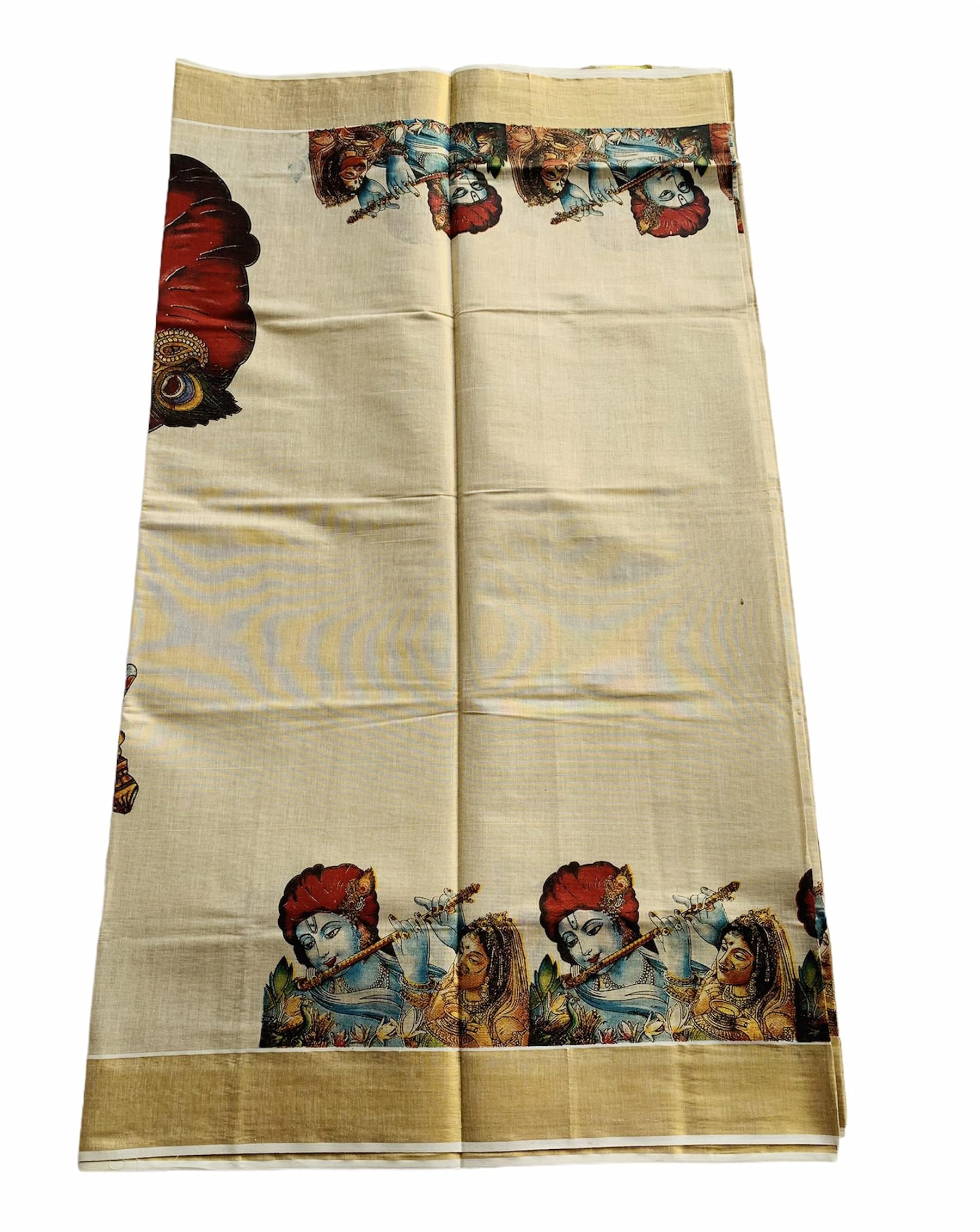 Women's Kuthampully Kerala Kasavu Saree Tissue Mural Painted Lord Radha Krishna with Running Blouse - Multi Color KTM-636