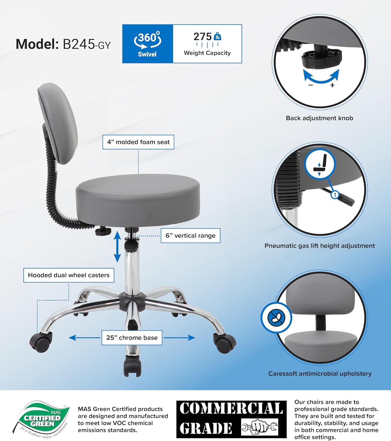 BOSS OFFICE PRODUCTS Medical Stool with Back, Antimicrobial Vinyl, Chrome Base