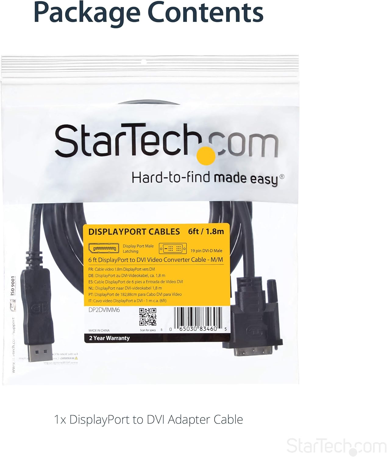 StarTech.com 6ft (1.8m) DisplayPort to DVI Cable, DisplayPort to DVI Adapter Cable, DP to DVI-D Converter