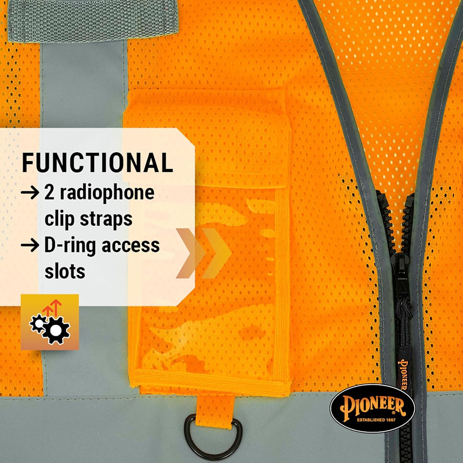 PIONEER Hi-Vis Reflective Mesh Safety Vest with 9 Pockets and Zipper