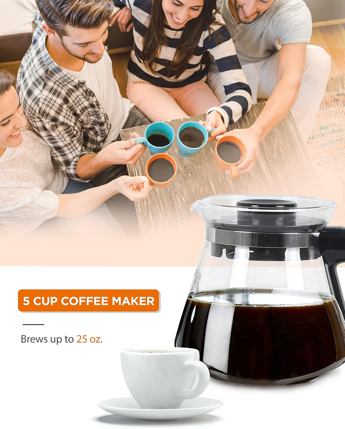 Commercial Chef Drip Coffee Maker with Pour Over Filter, 5 Cup, 0.75L Water Tank, Brews in 6 Minutes