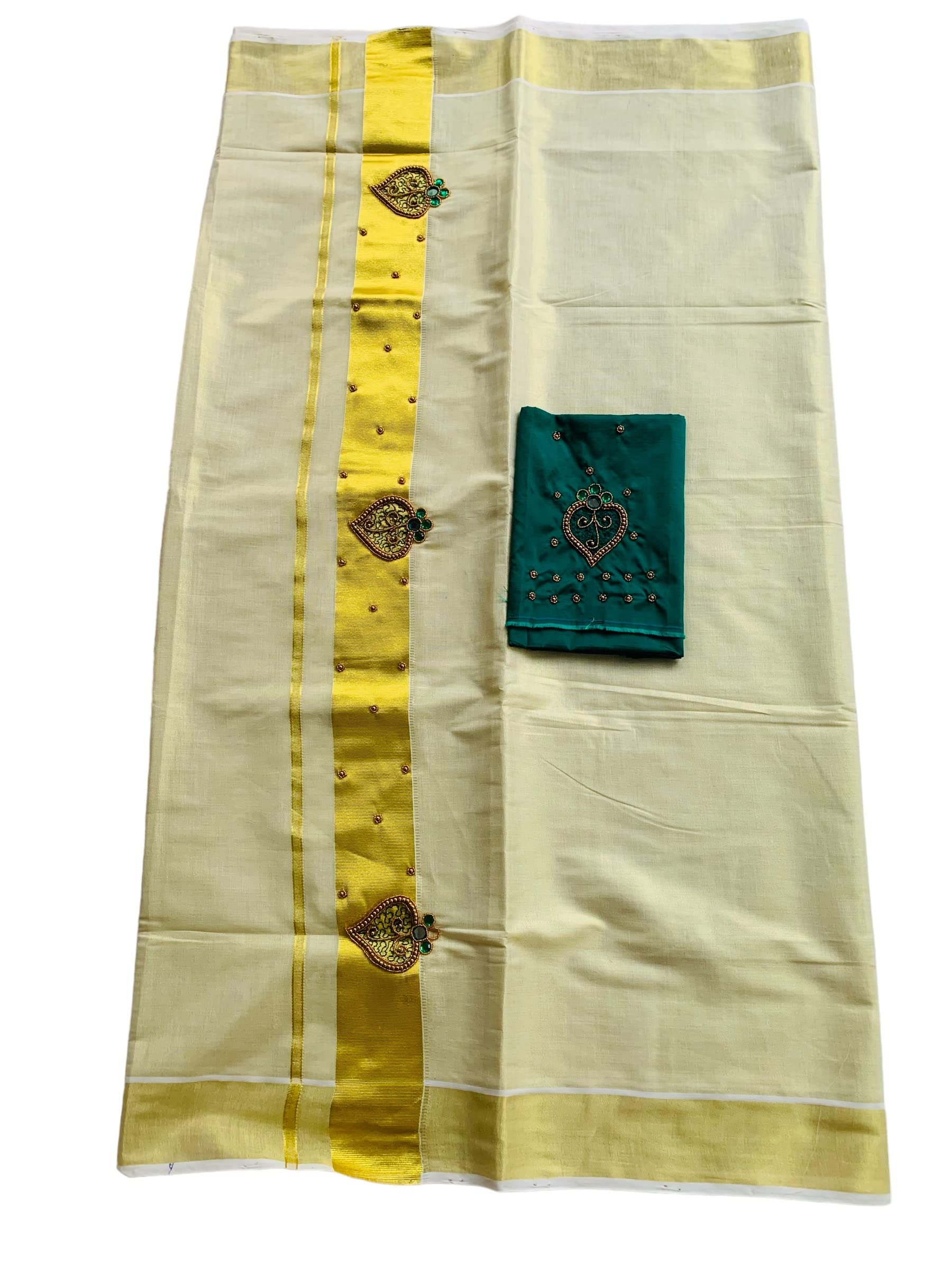 Kuthampully Kerala Kasavu Sarees For Women | Handcrafted Aari work Kerala Sarees | Tissue Onam Saree With Running Blouse | South Indian Sarees | EKM-763 (Green)