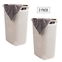 MIND READER Slim Laundry Hamper with Lid, 60L Wicker-Style Plastic