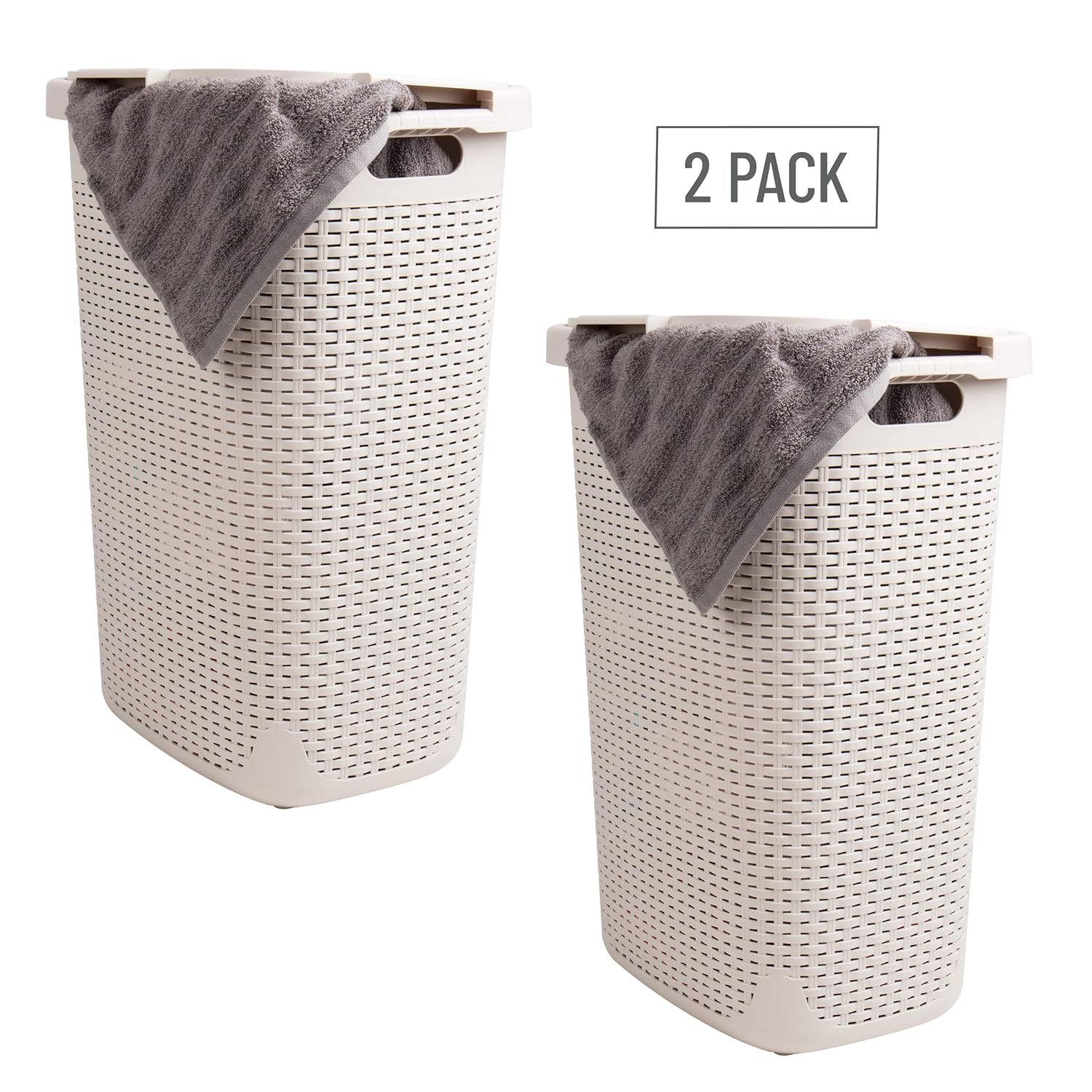 MIND READER Slim Laundry Hamper with Lid, 60L Wicker-Style Plastic
