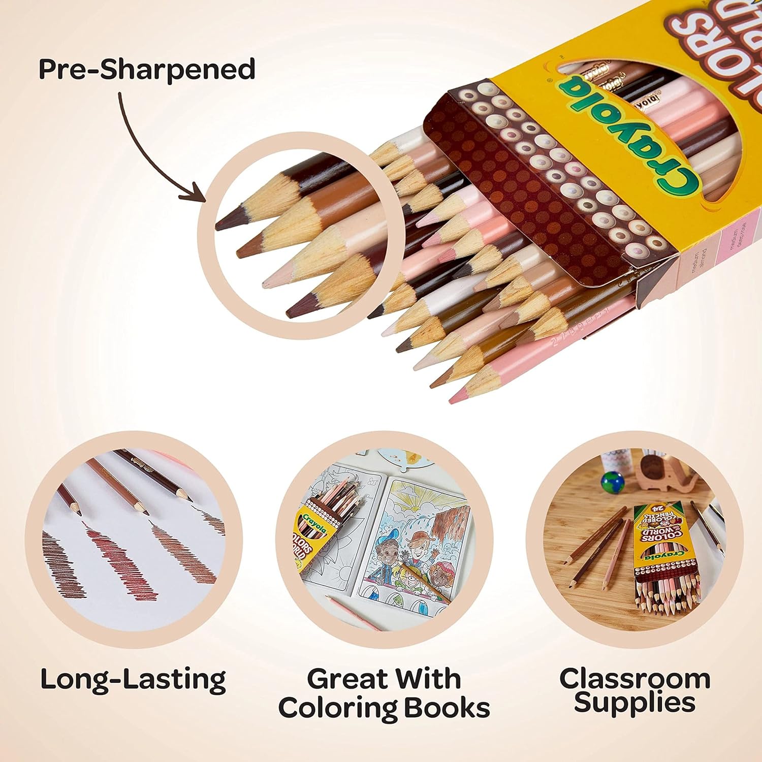 Crayola Colors of the World Colored Pencil Set (24ct), Skin Tone Colored Pencils for Kids, Coloring Book Pencils